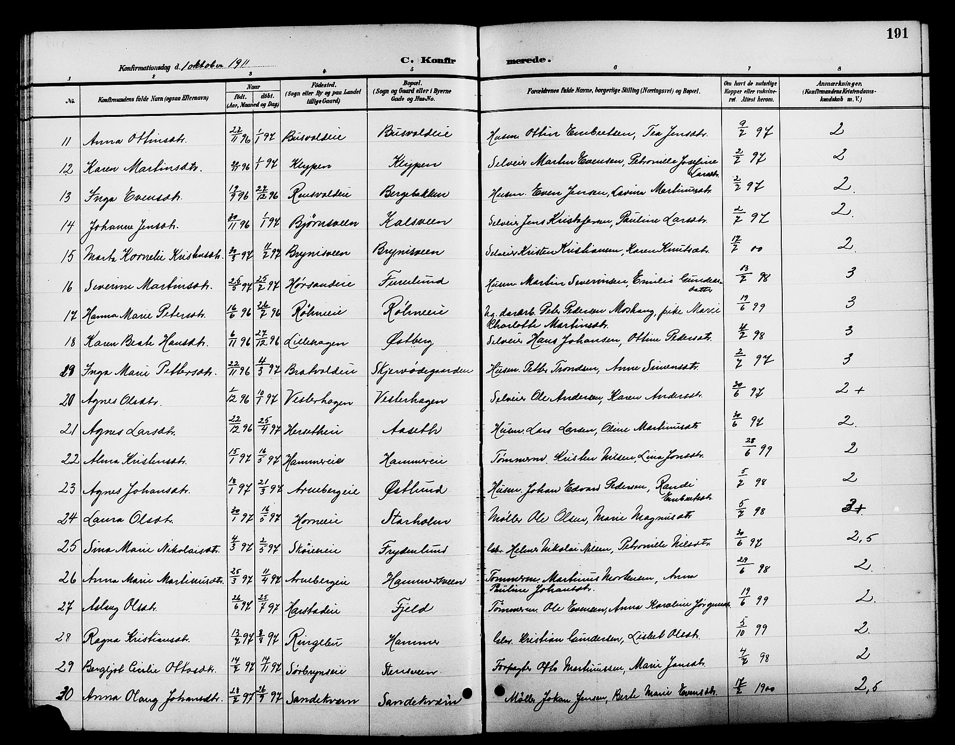 Romedal prestekontor, AV/SAH-PREST-004/L/L0012: Parish register (copy) no. 12, 1896-1914, p. 191