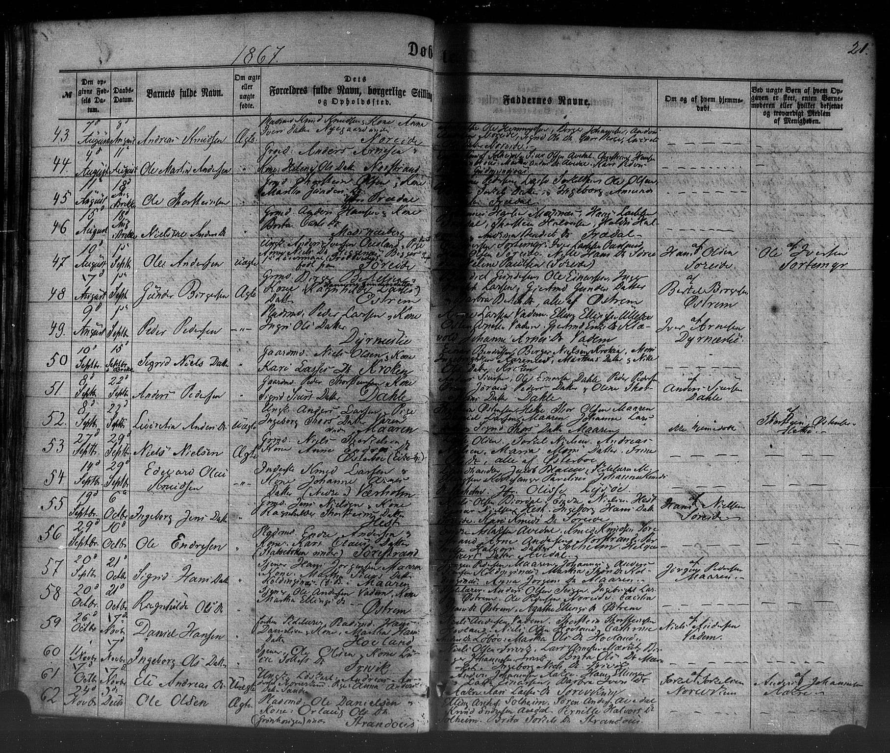 Lavik sokneprestembete, SAB/A-80901: Parish register (official) no. A 4, 1864-1881, p. 21