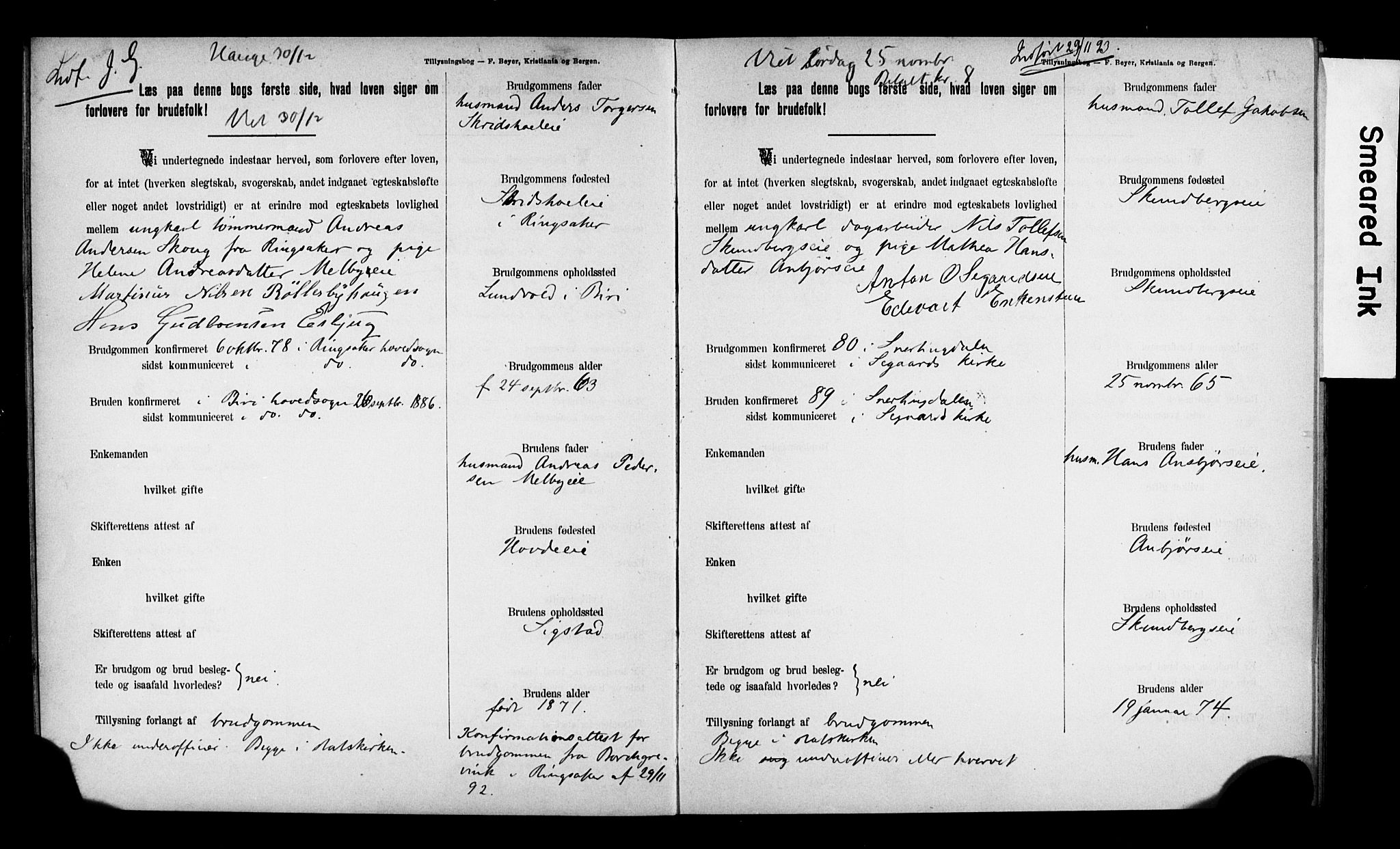 Biri prestekontor, SAH/PREST-096/I/Ie/Iea/L0001/0001: Banns register no. 1.1, 1892-1896