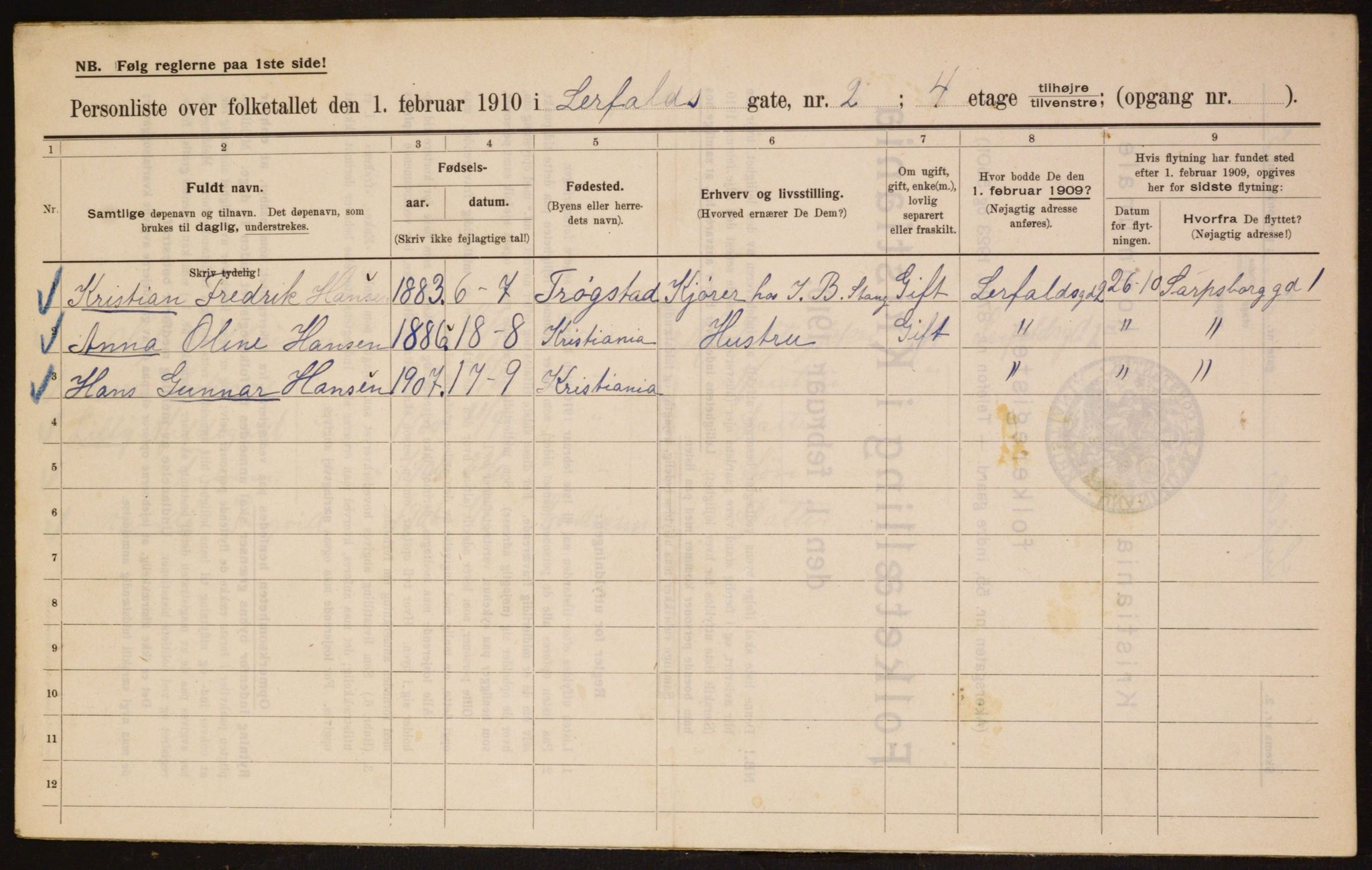 OBA, Municipal Census 1910 for Kristiania, 1910, p. 55286