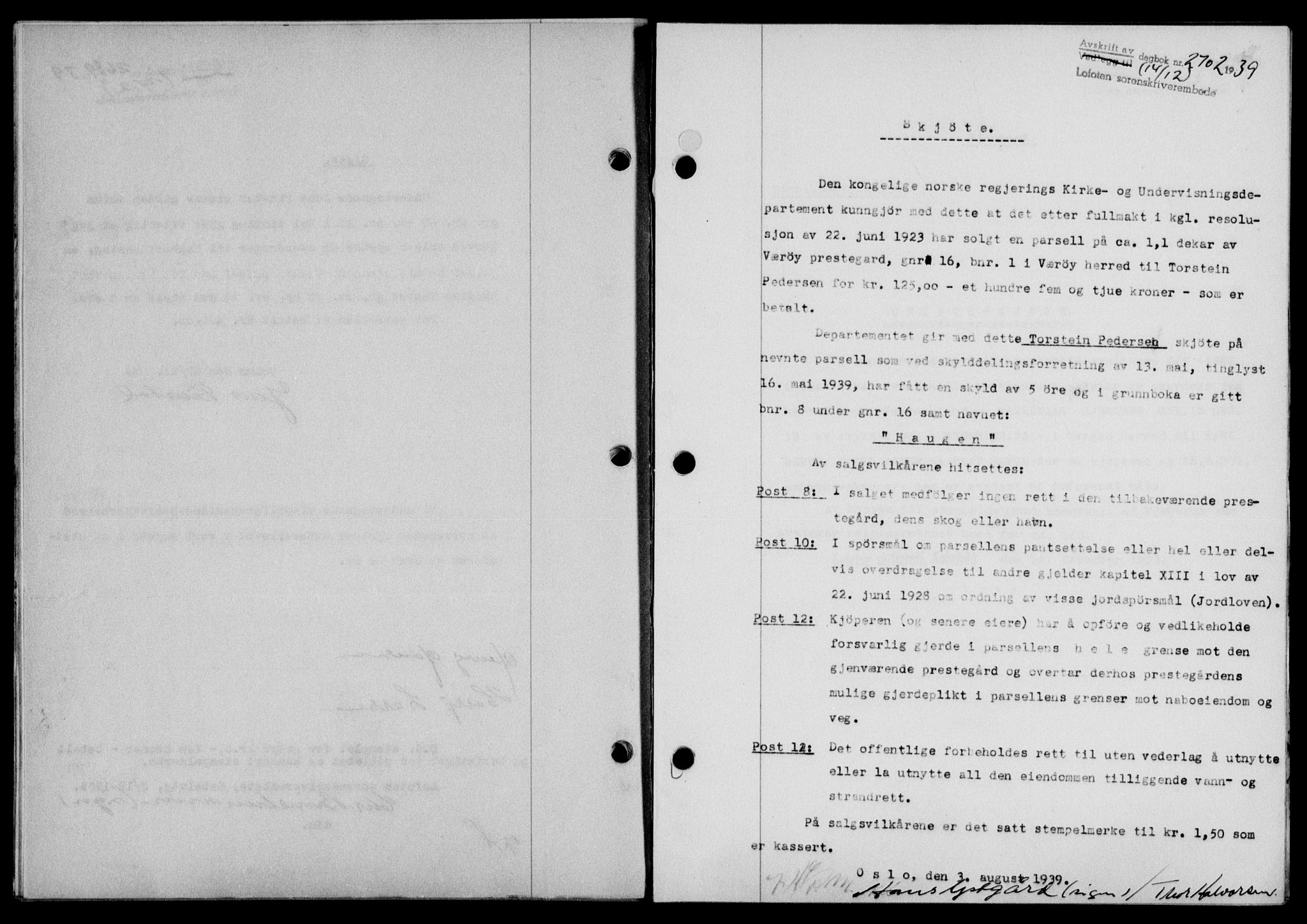 Lofoten sorenskriveri, SAT/A-0017/1/2/2C/L0007a: Mortgage book no. 7a, 1939-1940, Diary no: : 2702/1939