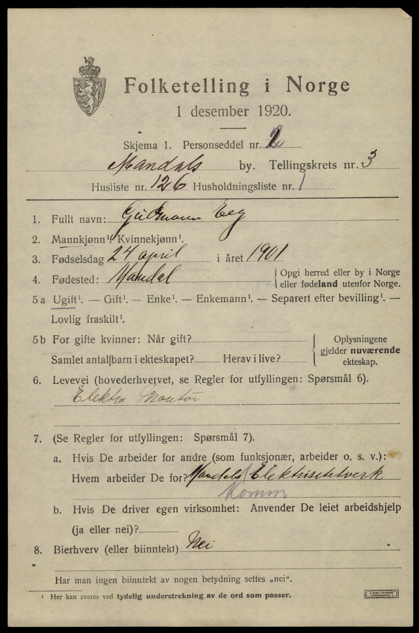 SAK, 1920 census for Mandal, 1920, p. 6889