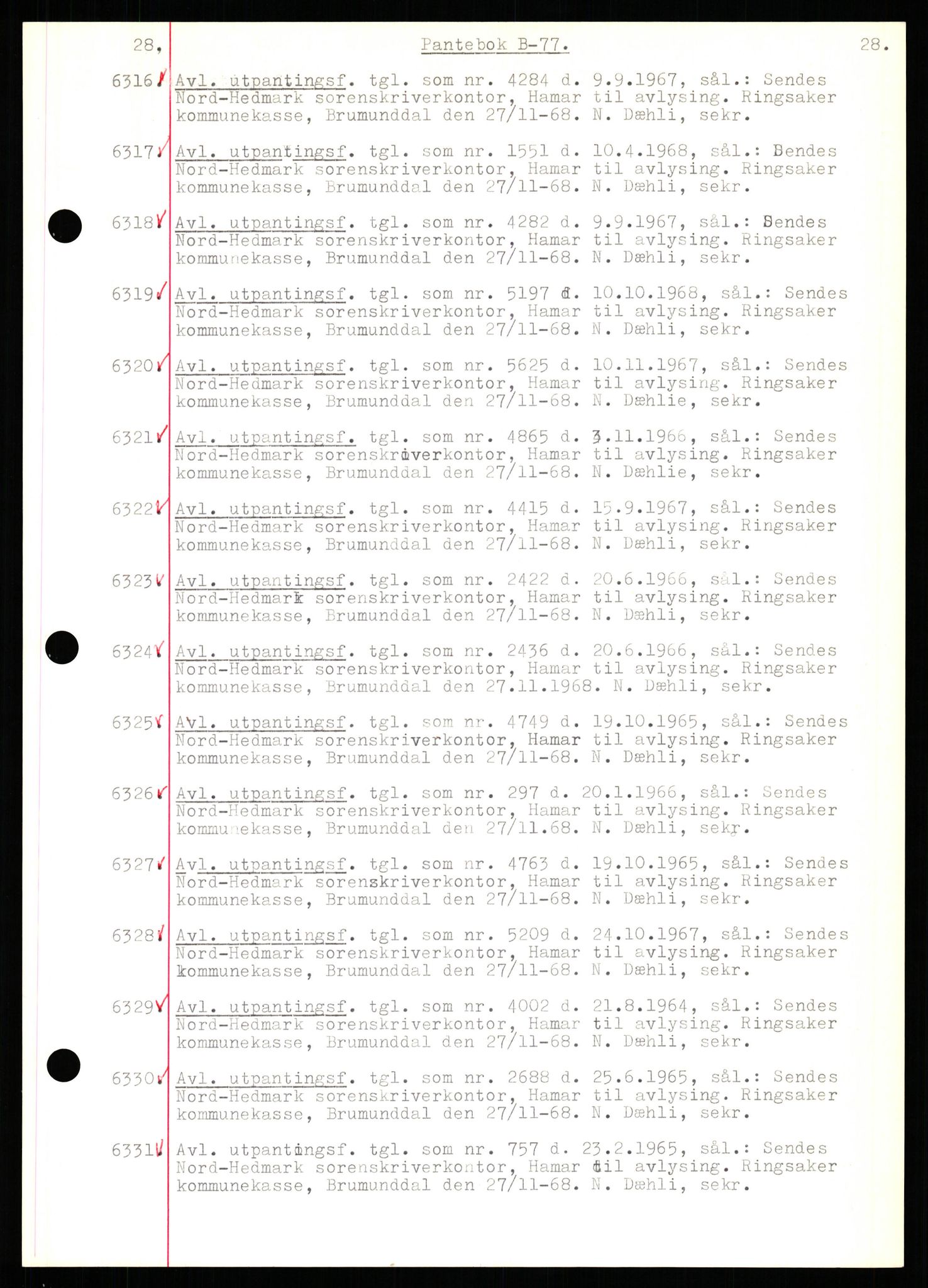 Nord-Hedmark sorenskriveri, SAH/TING-012/H/Hb/Hbf/L0077: Mortgage book no. B77, 1968-1969, Diary no: : 6316/1968