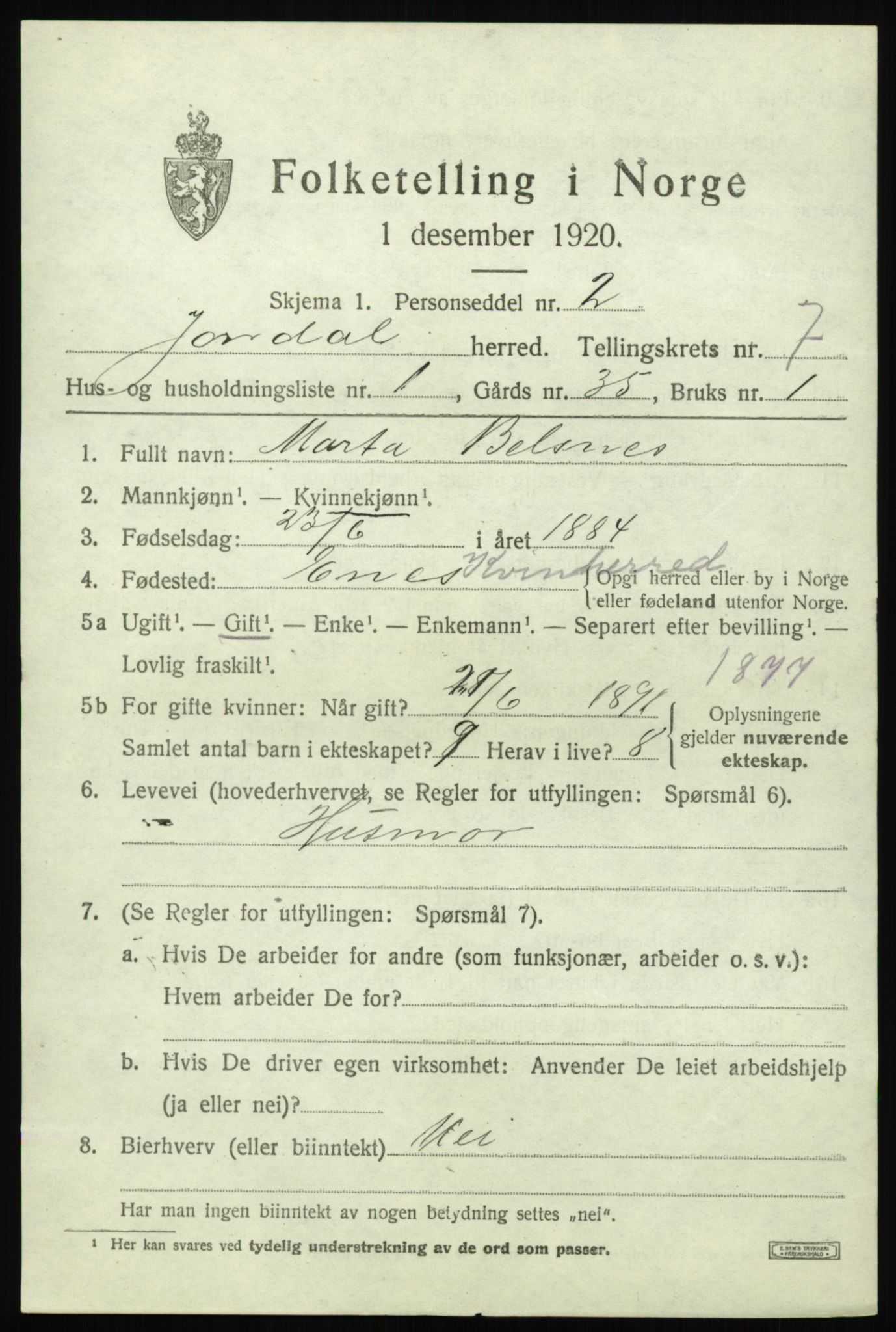 SAB, 1920 census for Jondal, 1920, p. 3758