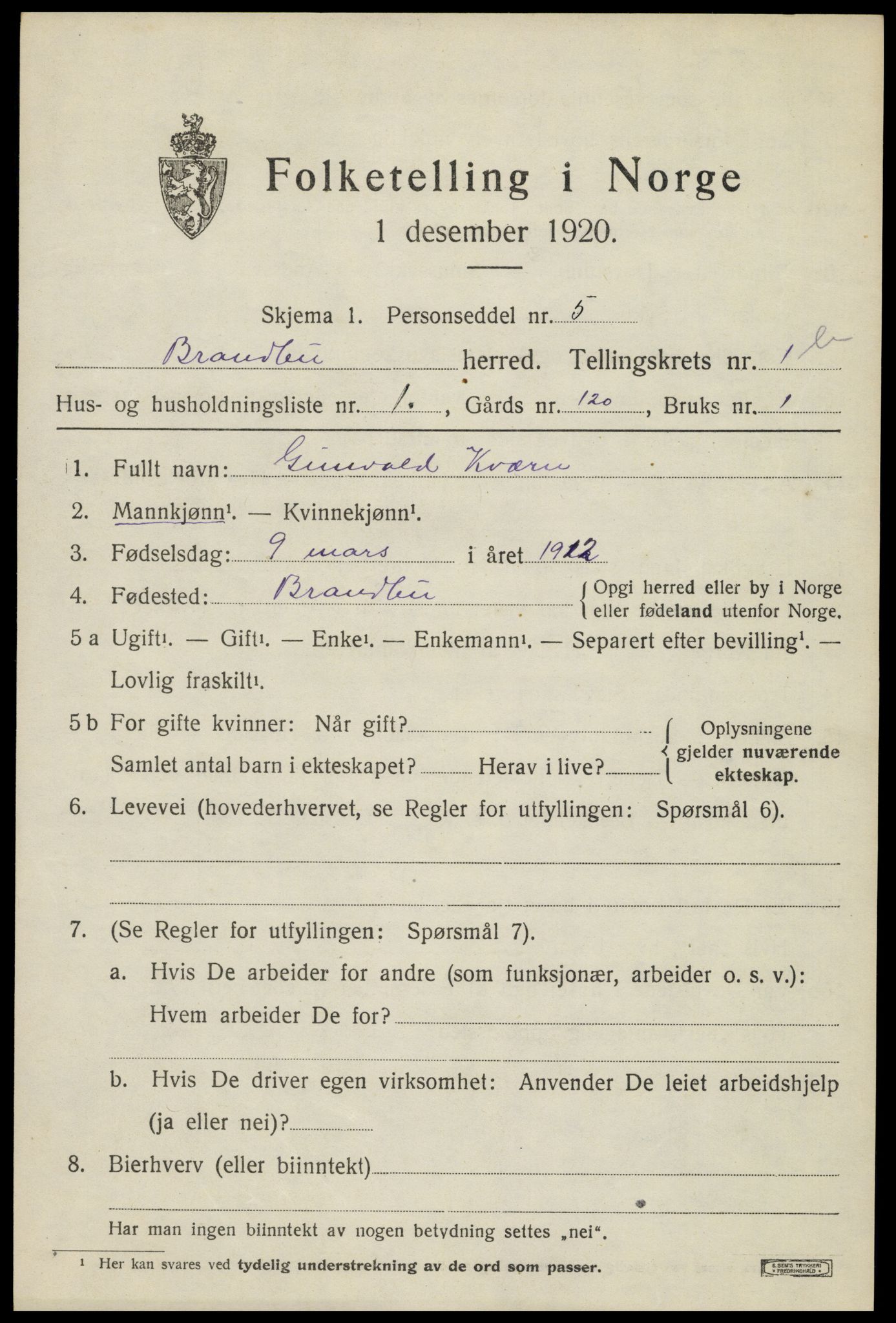 SAH, 1920 census for Brandbu, 1920, p. 3077