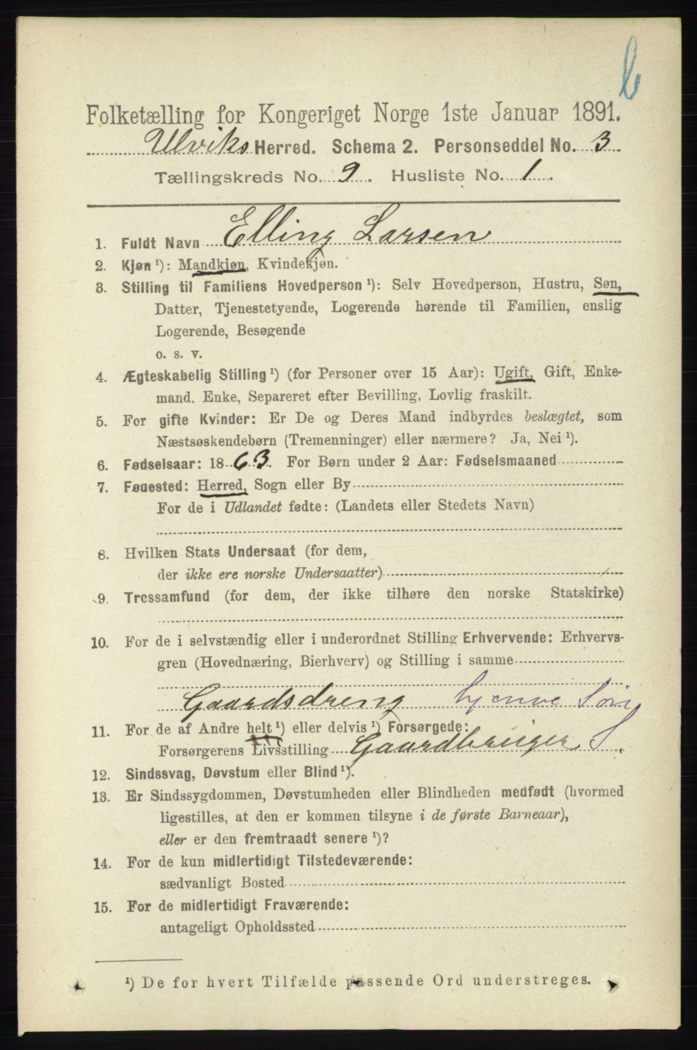 RA, 1891 census for 1233 Ulvik, 1891, p. 2875