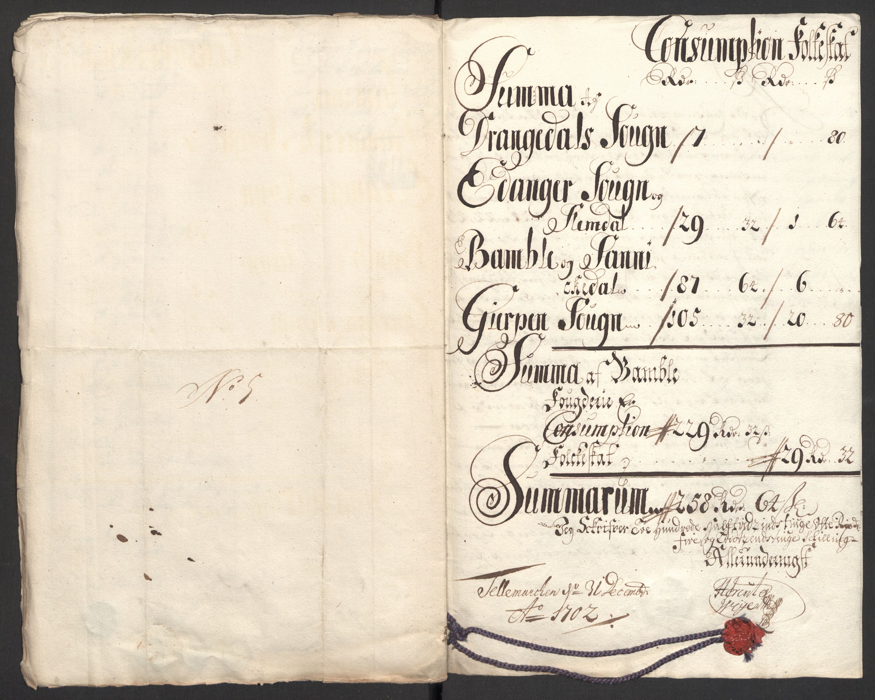 Rentekammeret inntil 1814, Reviderte regnskaper, Fogderegnskap, AV/RA-EA-4092/R36/L2107: Fogderegnskap Øvre og Nedre Telemark og Bamble, 1702, p. 261