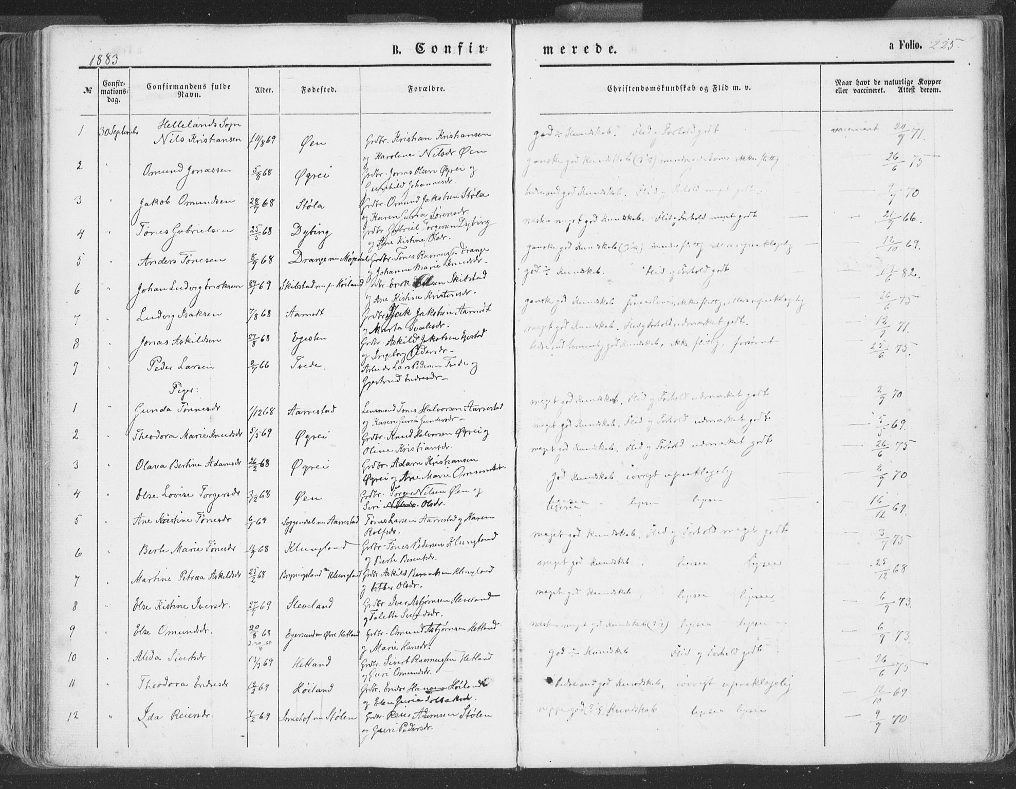 Helleland sokneprestkontor, SAST/A-101810: Parish register (official) no. A 7.1, 1863-1886, p. 225