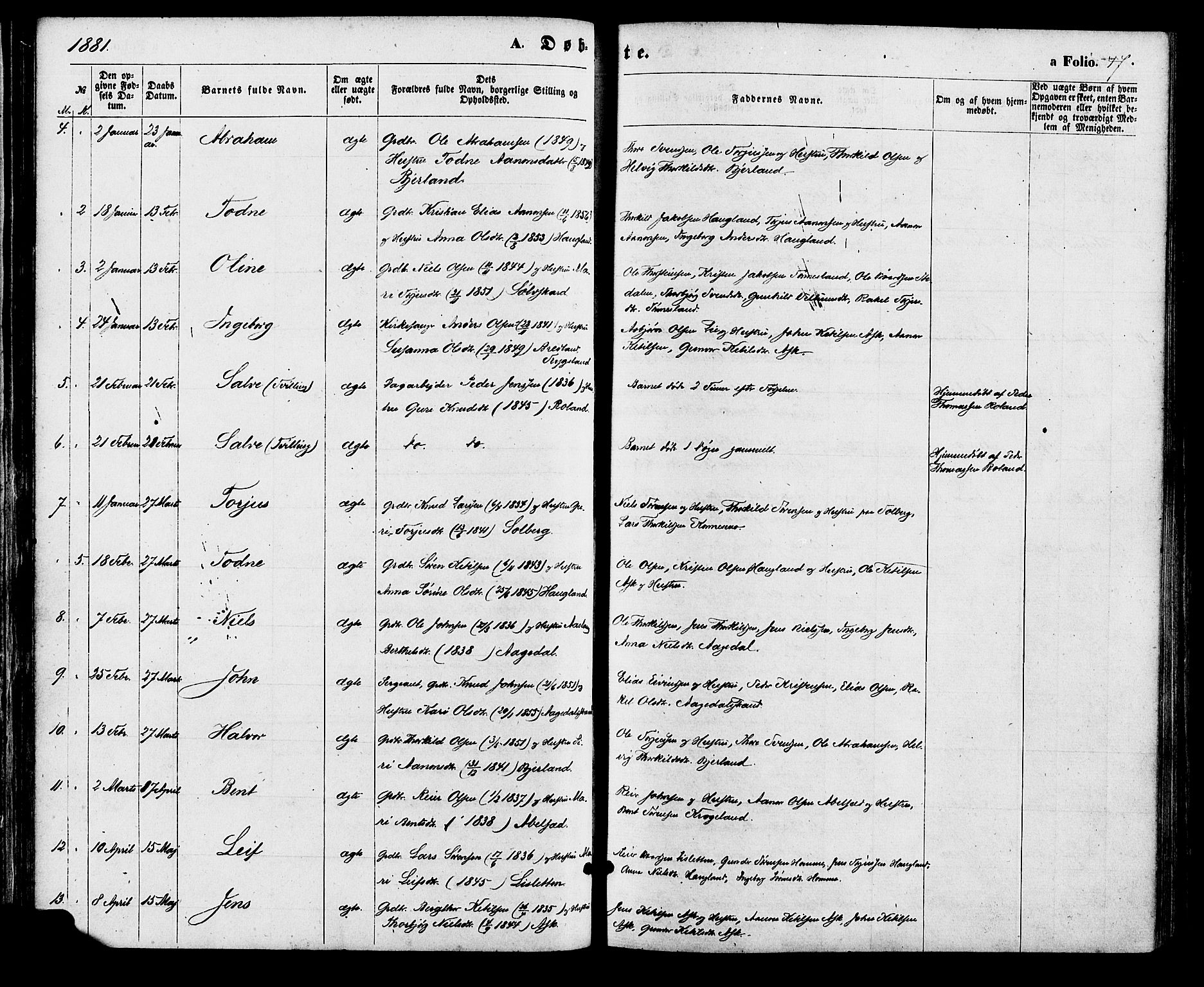 Bjelland sokneprestkontor, AV/SAK-1111-0005/F/Fa/Faa/L0003: Parish register (official) no. A 3, 1867-1887, p. 47