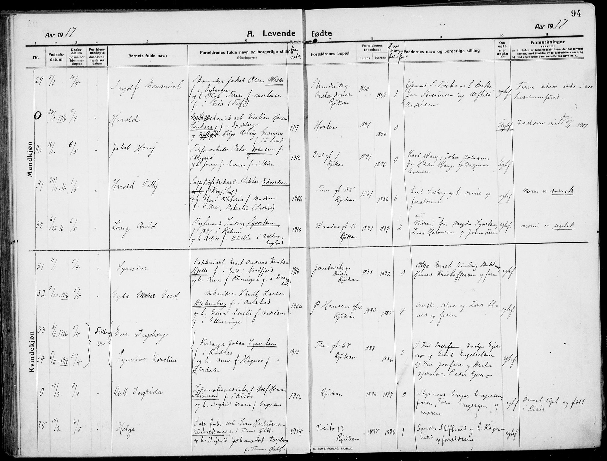 Rjukan kirkebøker, AV/SAKO-A-294/F/Fa/L0002: Parish register (official) no. 2, 1912-1917, p. 94