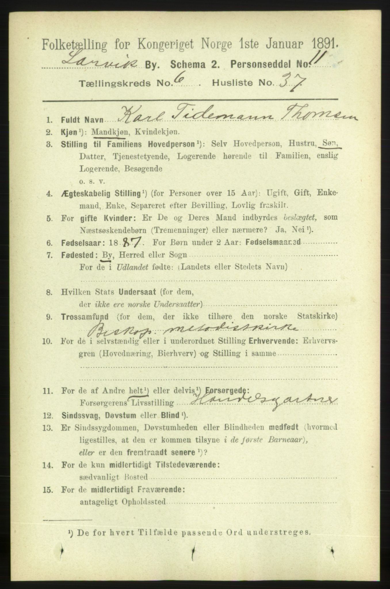 RA, 1891 census for 0707 Larvik, 1891, p. 7056