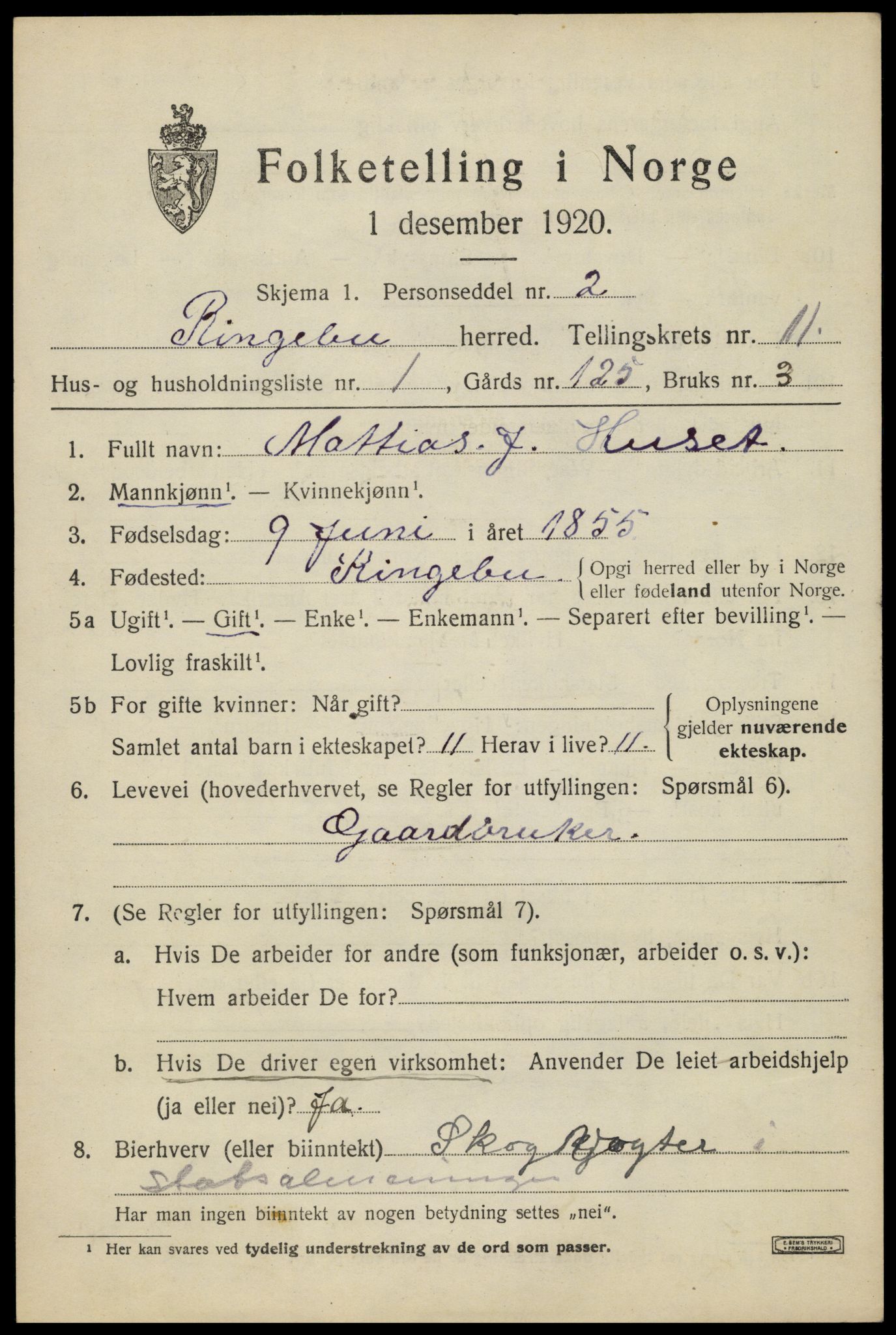 SAH, 1920 census for Ringebu, 1920, p. 10883