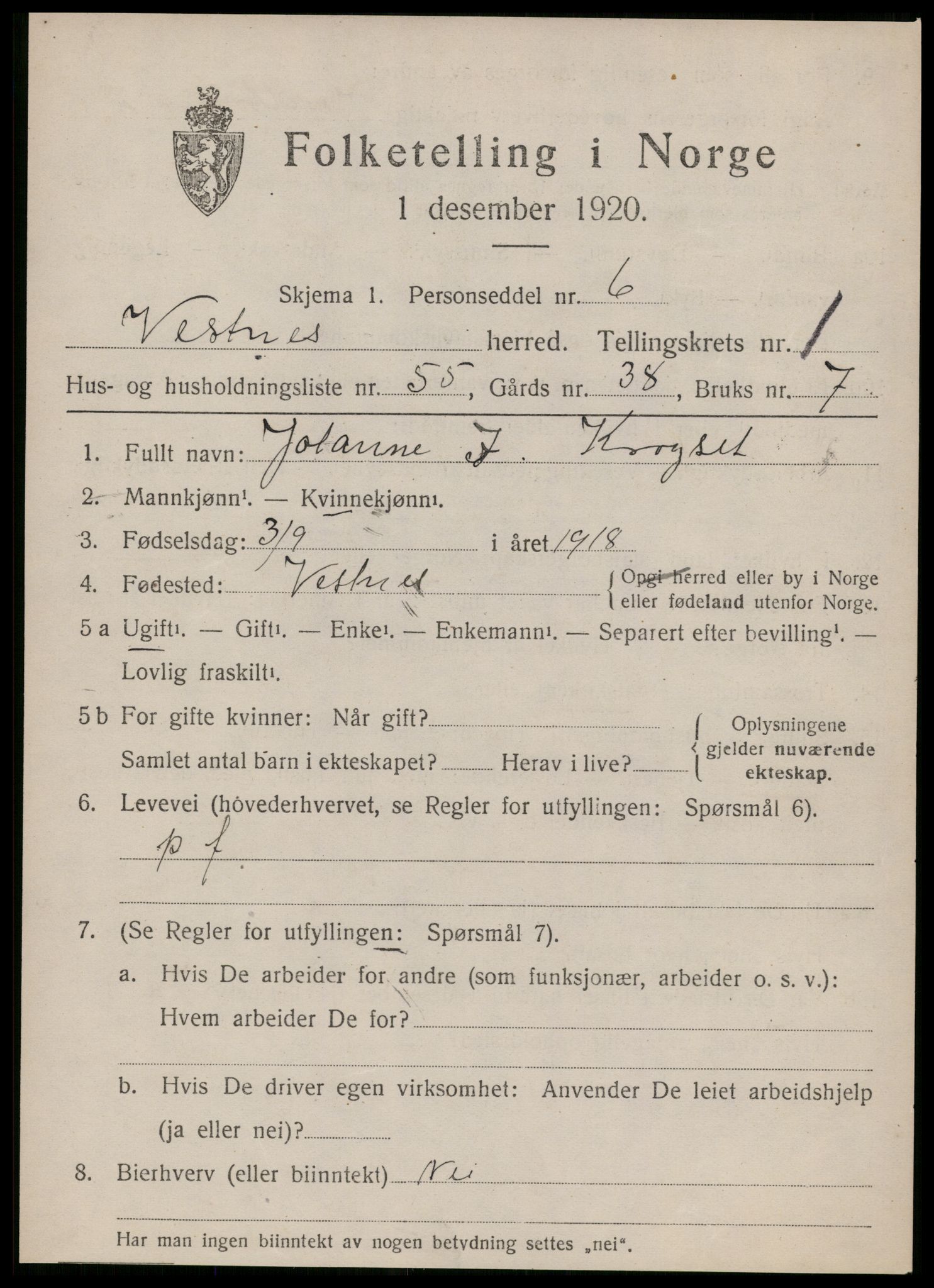 SAT, 1920 census for Vestnes, 1920, p. 1877