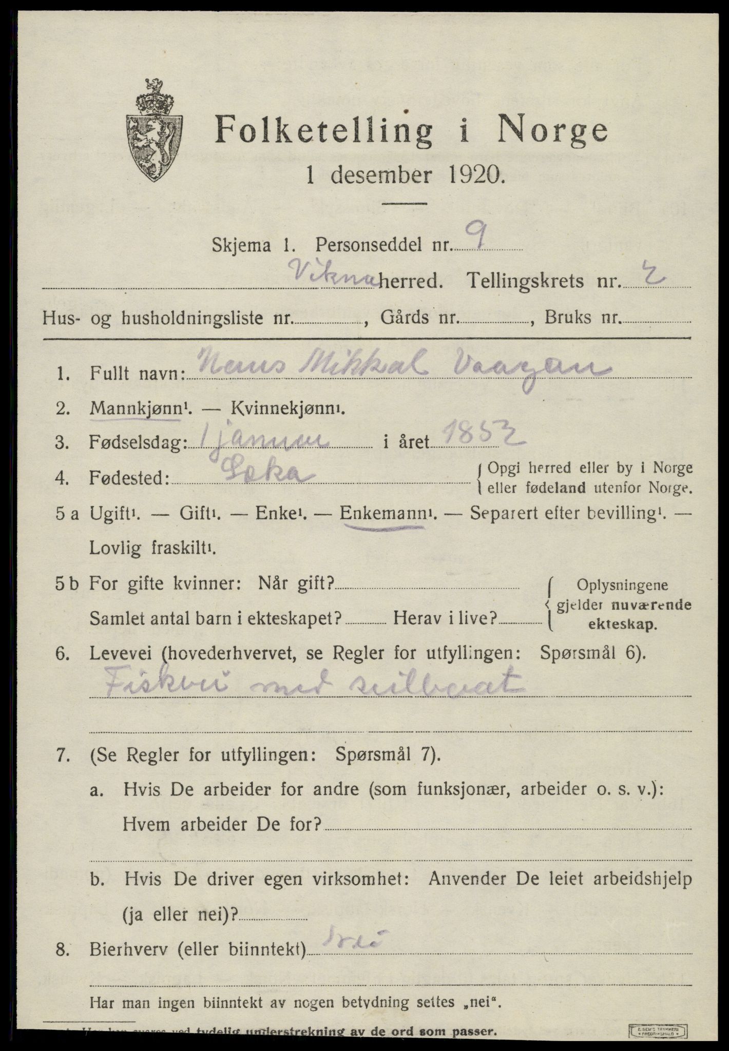 SAT, 1920 census for Vikna, 1920, p. 3259