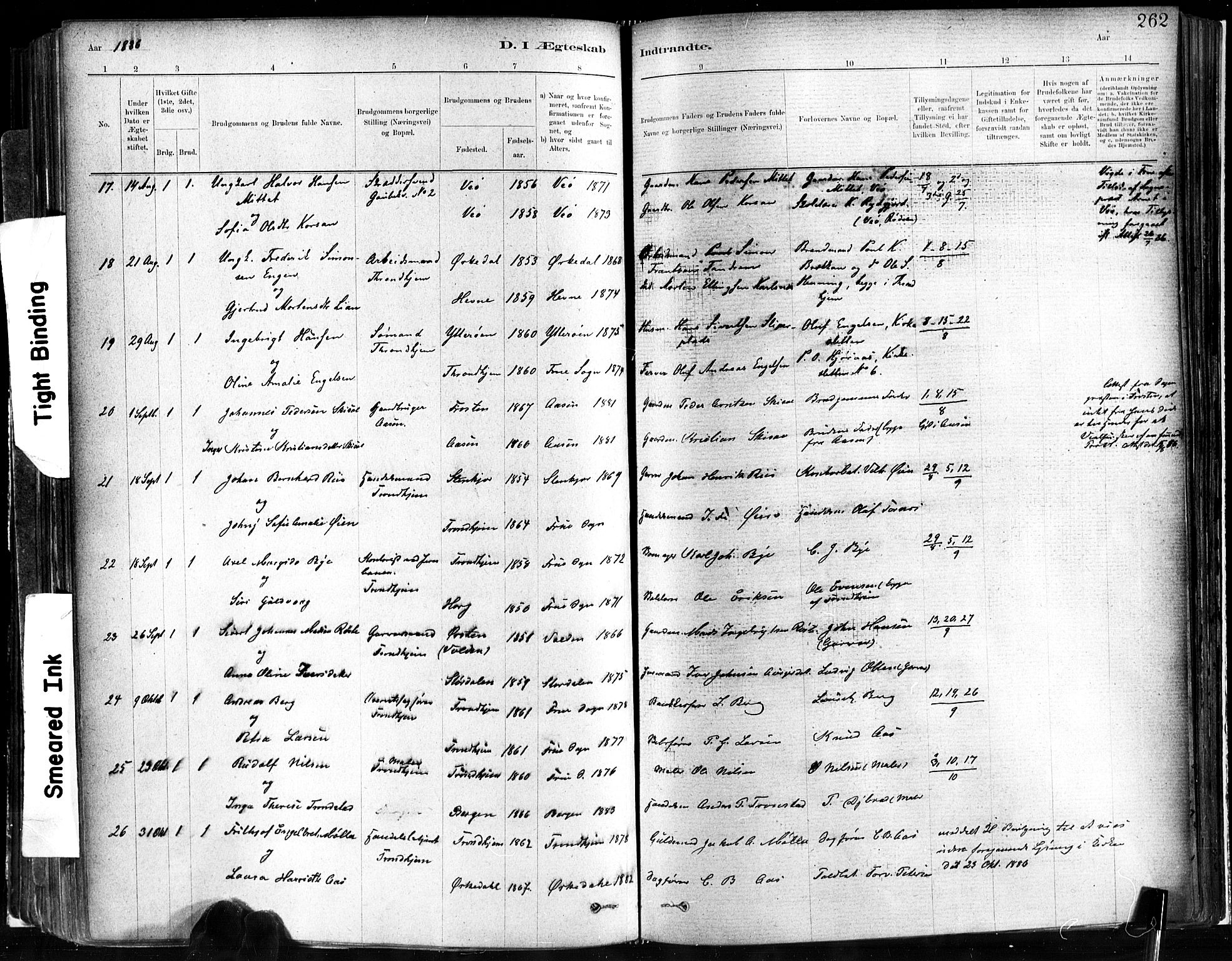 Ministerialprotokoller, klokkerbøker og fødselsregistre - Sør-Trøndelag, SAT/A-1456/602/L0119: Parish register (official) no. 602A17, 1880-1901, p. 262