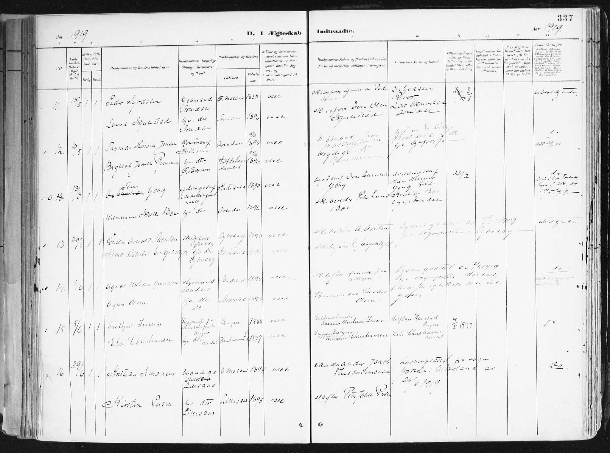 Arendal sokneprestkontor, Trefoldighet, AV/SAK-1111-0040/F/Fa/L0010: Parish register (official) no. A 10, 1900-1919, p. 337