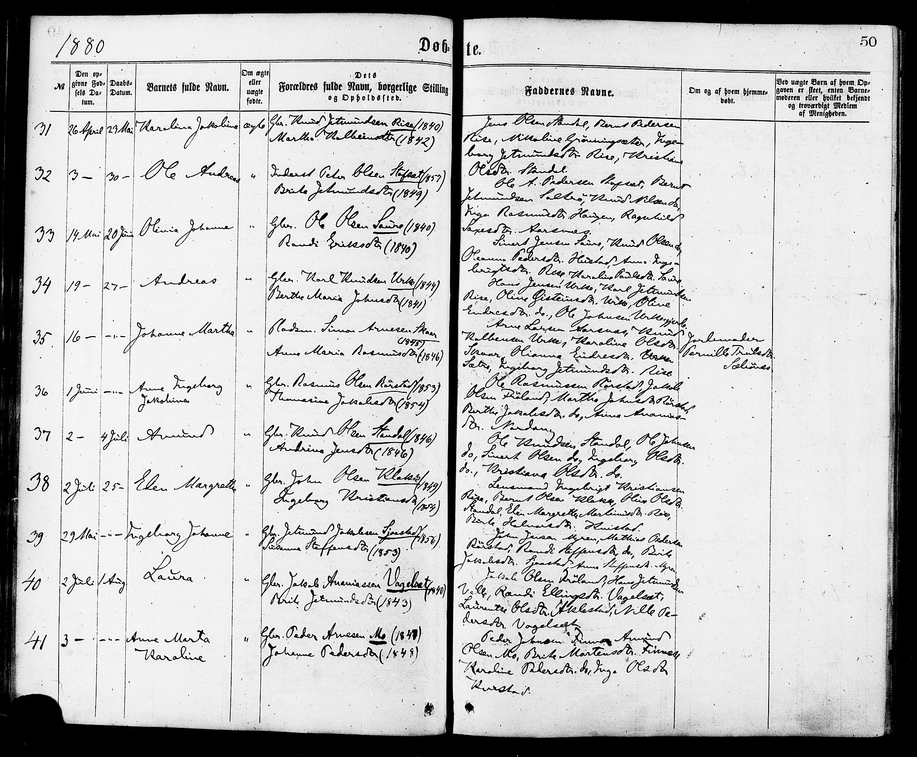 Ministerialprotokoller, klokkerbøker og fødselsregistre - Møre og Romsdal, SAT/A-1454/515/L0210: Parish register (official) no. 515A06, 1868-1885, p. 50