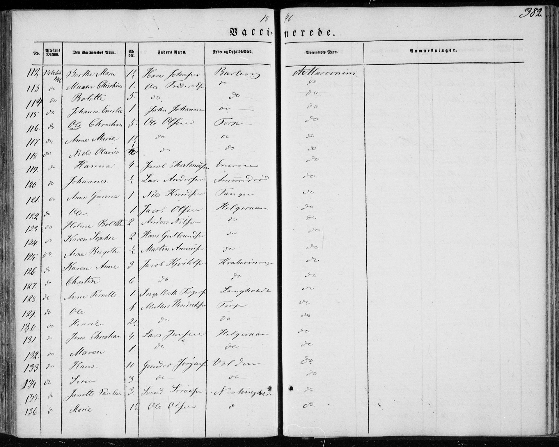 Brunlanes kirkebøker, AV/SAKO-A-342/F/Fa/L0004: Parish register (official) no. I 4, 1846-1862, p. 382