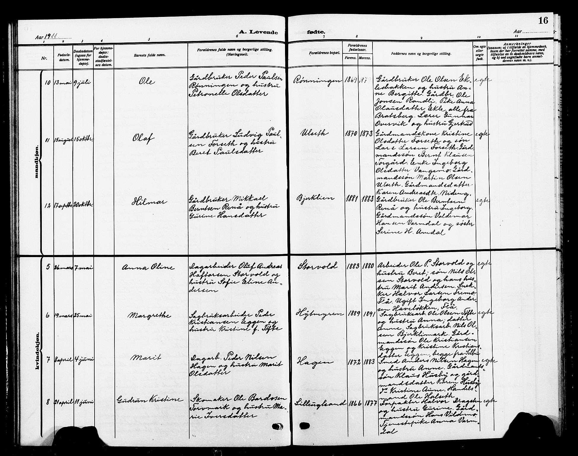 Ministerialprotokoller, klokkerbøker og fødselsregistre - Sør-Trøndelag, SAT/A-1456/618/L0453: Parish register (copy) no. 618C04, 1907-1925, p. 16