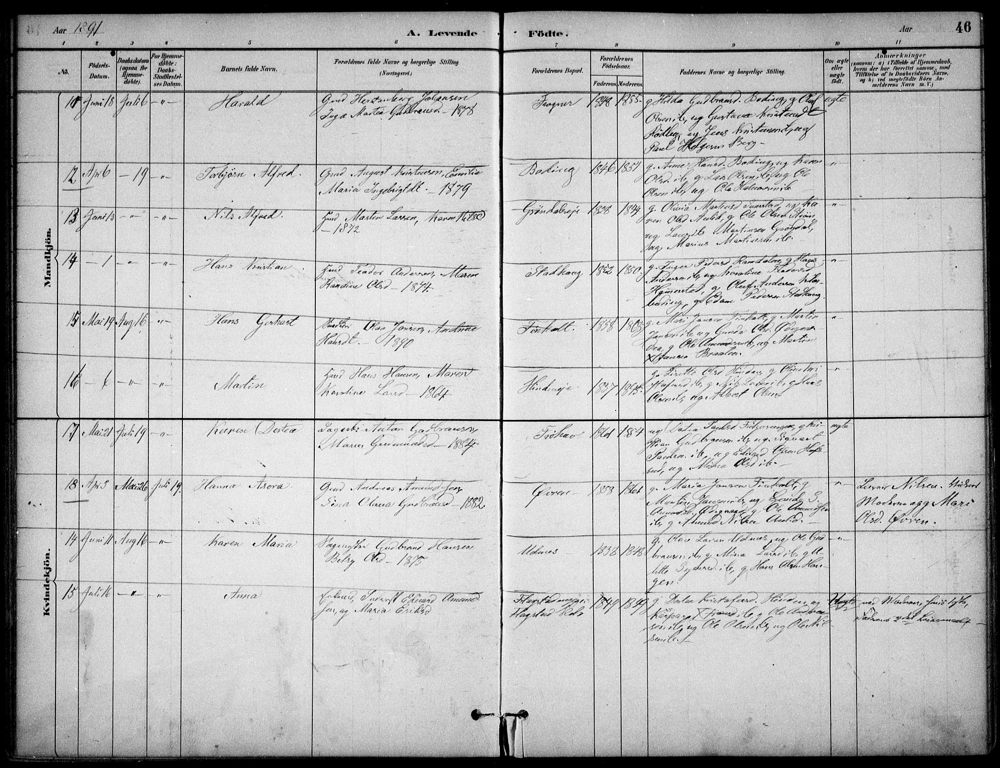 Nes prestekontor Kirkebøker, AV/SAO-A-10410/F/Fc/L0002: Parish register (official) no. IIi 2, 1882-1916, p. 46