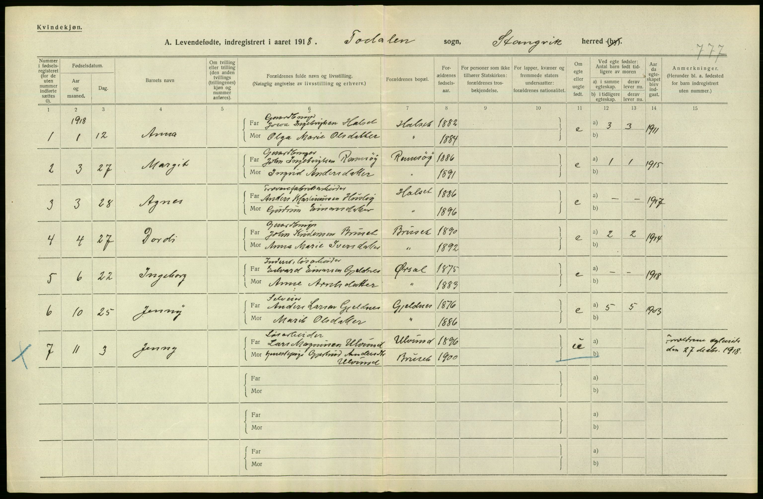 Statistisk sentralbyrå, Sosiodemografiske emner, Befolkning, RA/S-2228/D/Df/Dfb/Dfbh/L0043: Møre fylke: Levendefødte menn og kvinner. Bygder., 1918, p. 134