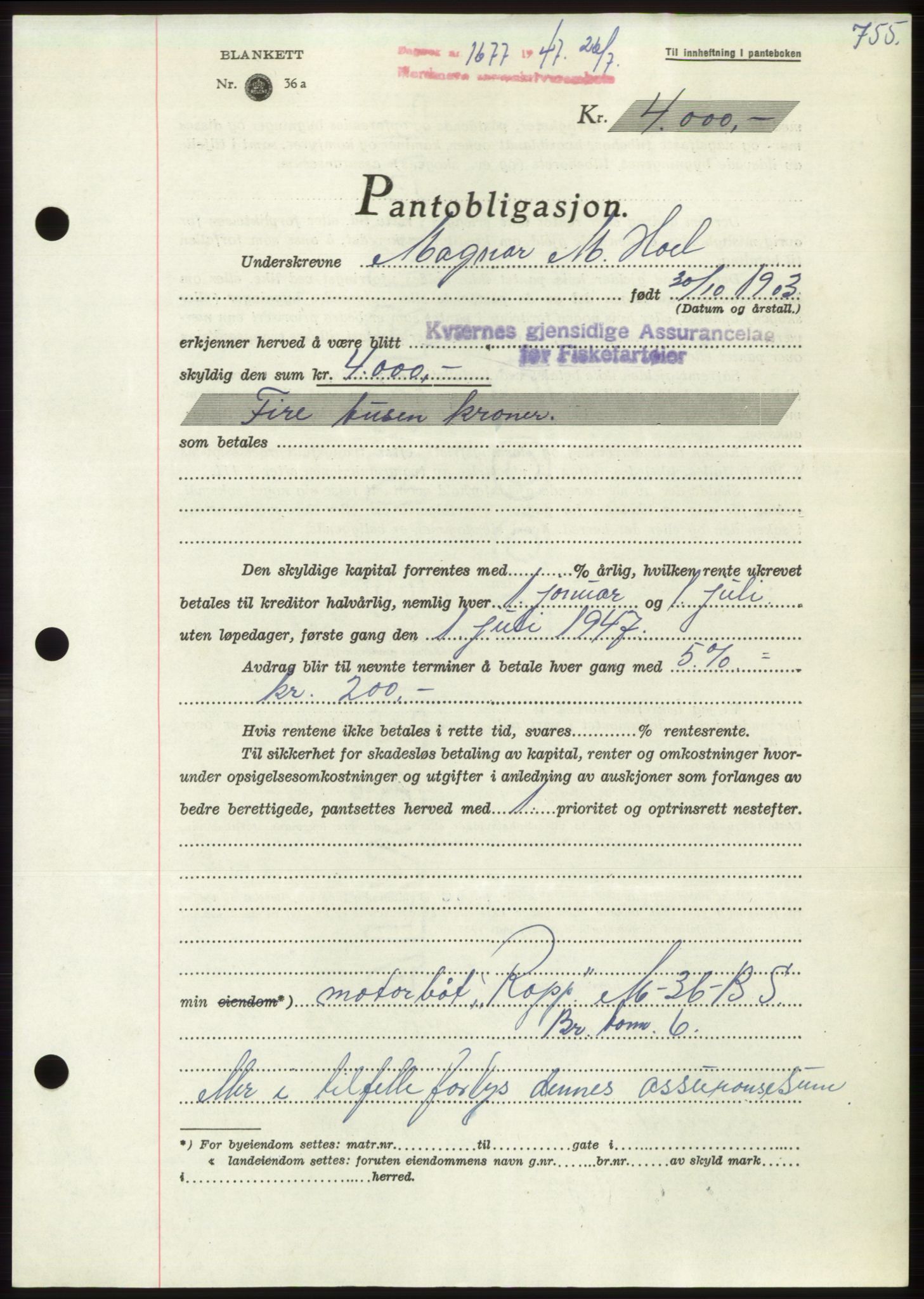 Nordmøre sorenskriveri, AV/SAT-A-4132/1/2/2Ca: Mortgage book no. B96, 1947-1947, Diary no: : 1677/1947