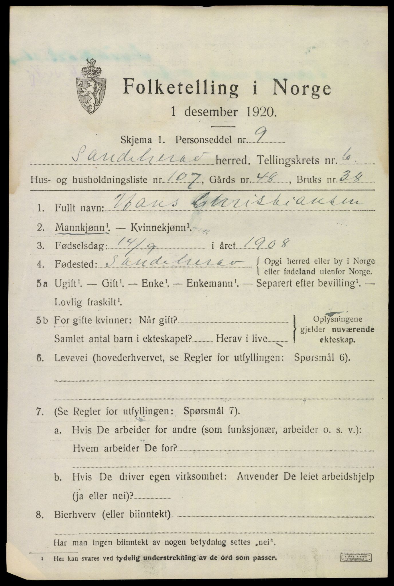 SAKO, 1920 census for Sandeherred, 1920, p. 11048