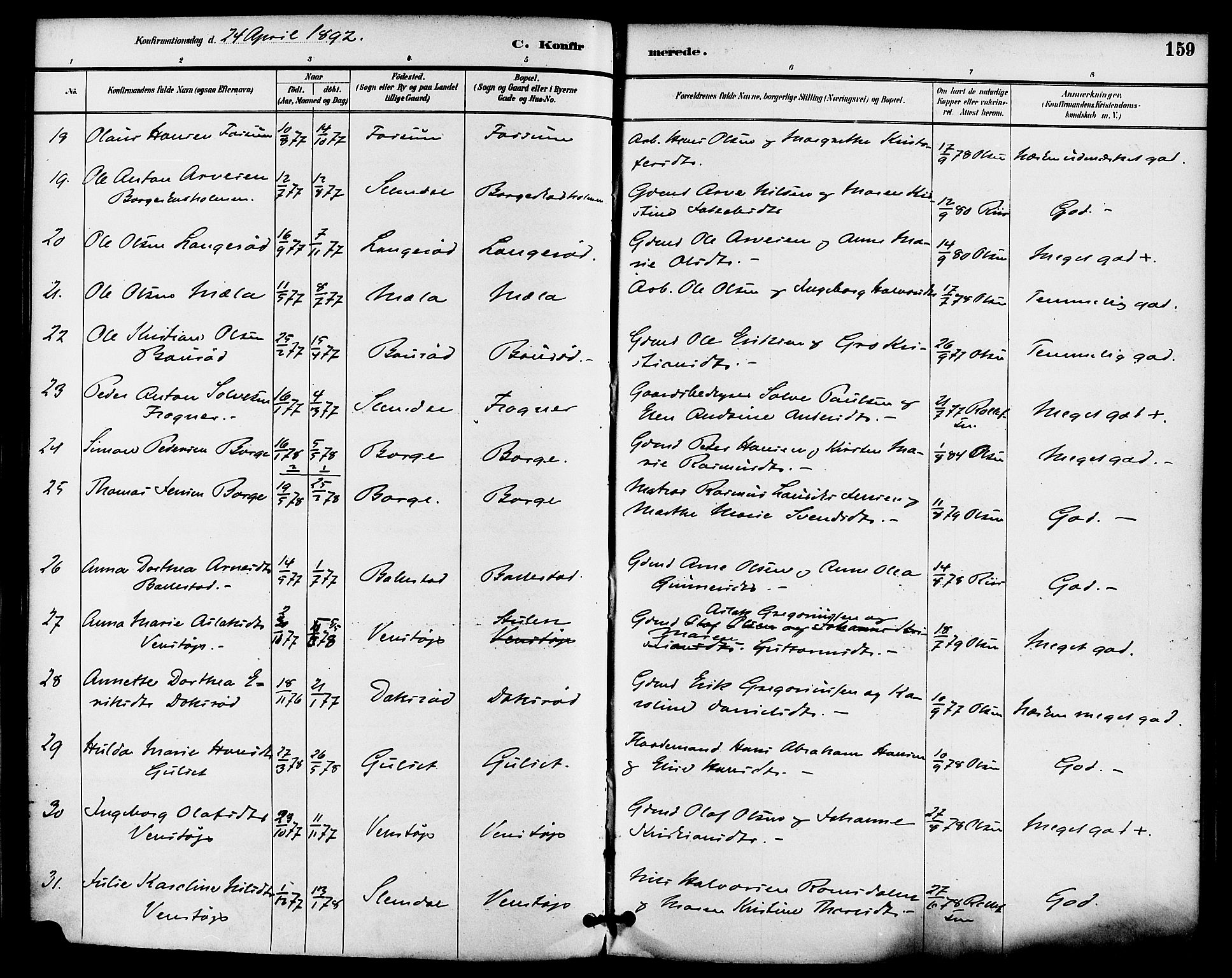 Gjerpen kirkebøker, SAKO/A-265/F/Fa/L0010: Parish register (official) no. I 10, 1886-1895, p. 159