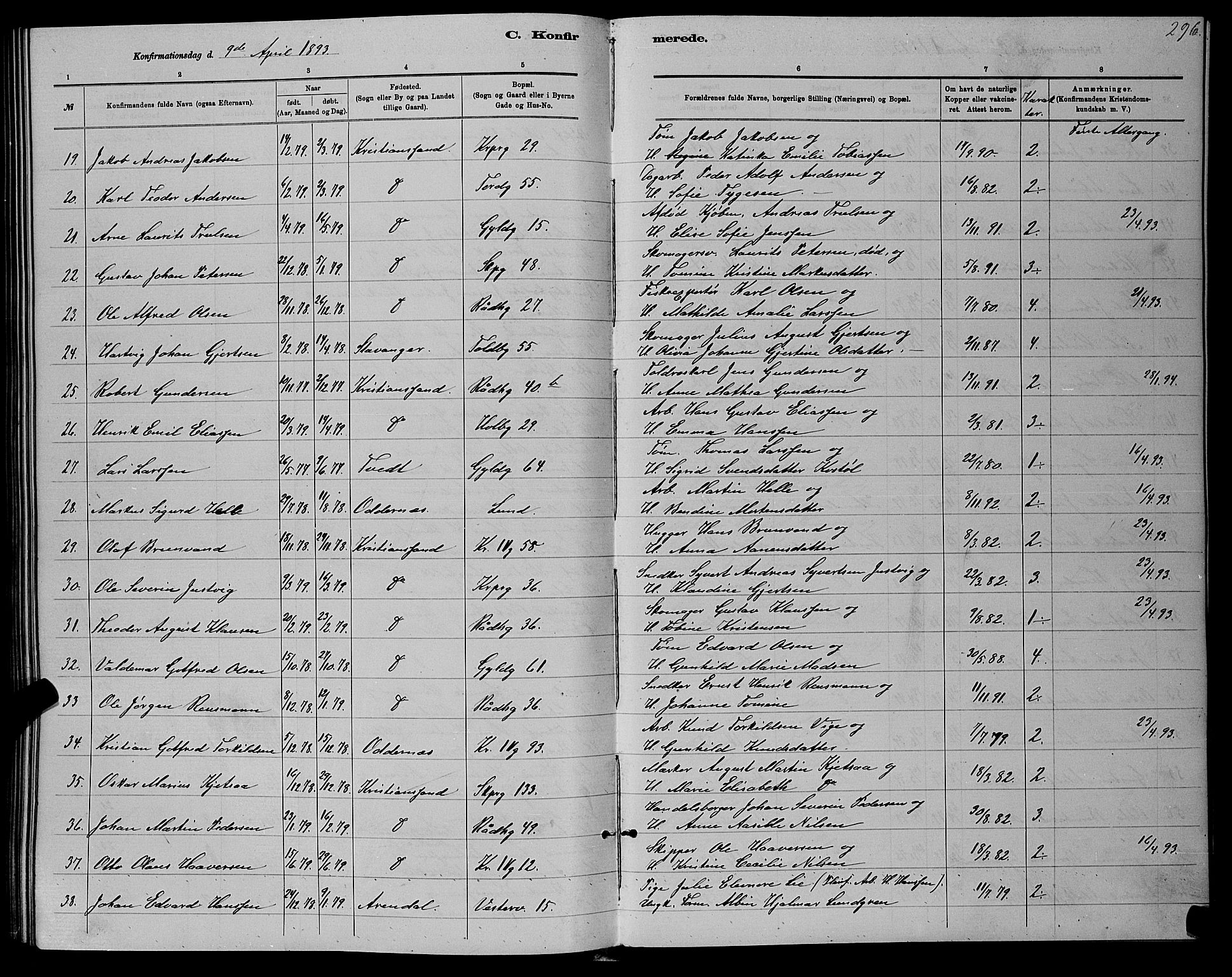 Kristiansand domprosti, SAK/1112-0006/F/Fb/L0016: Parish register (copy) no. B 16, 1881-1893, p. 296