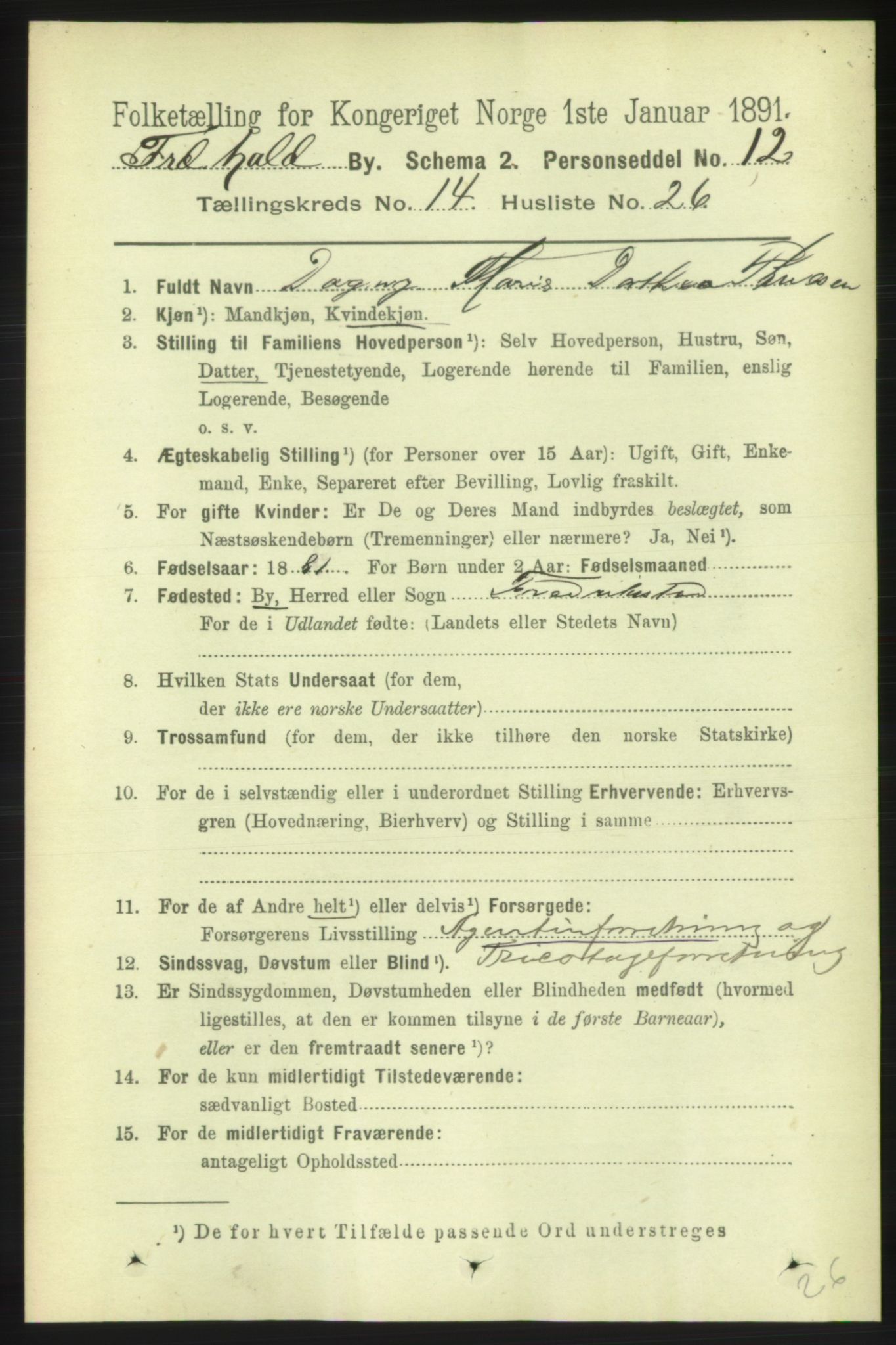 RA, 1891 census for 0101 Fredrikshald, 1891, p. 9385