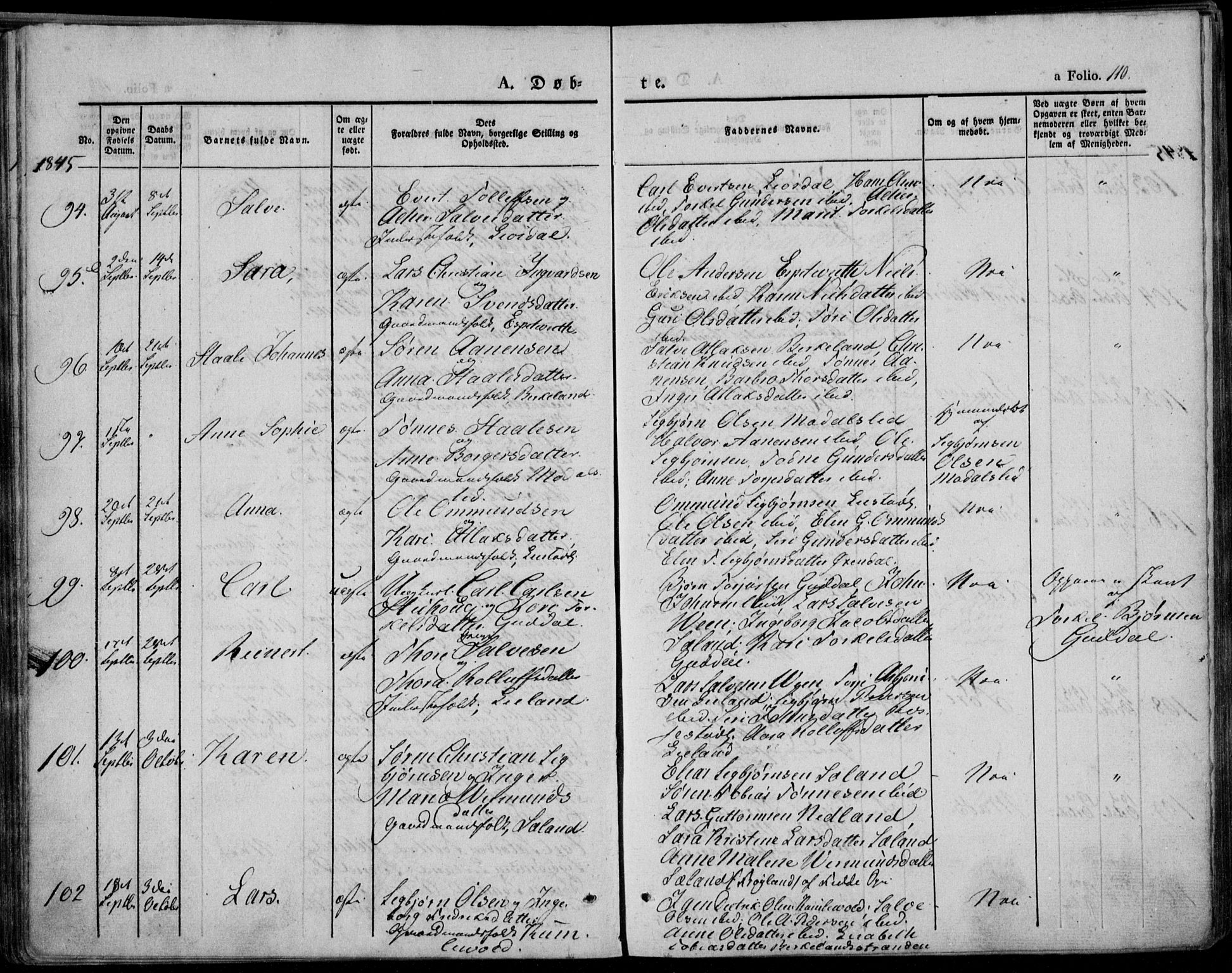Bakke sokneprestkontor, AV/SAK-1111-0002/F/Fa/Faa/L0004: Parish register (official) no. A 4, 1834-1846, p. 110