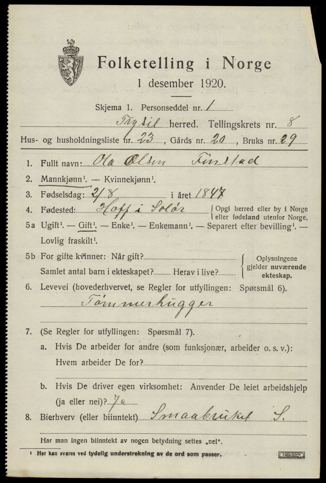 SAH, 1920 census for Trysil, 1920, p. 6511