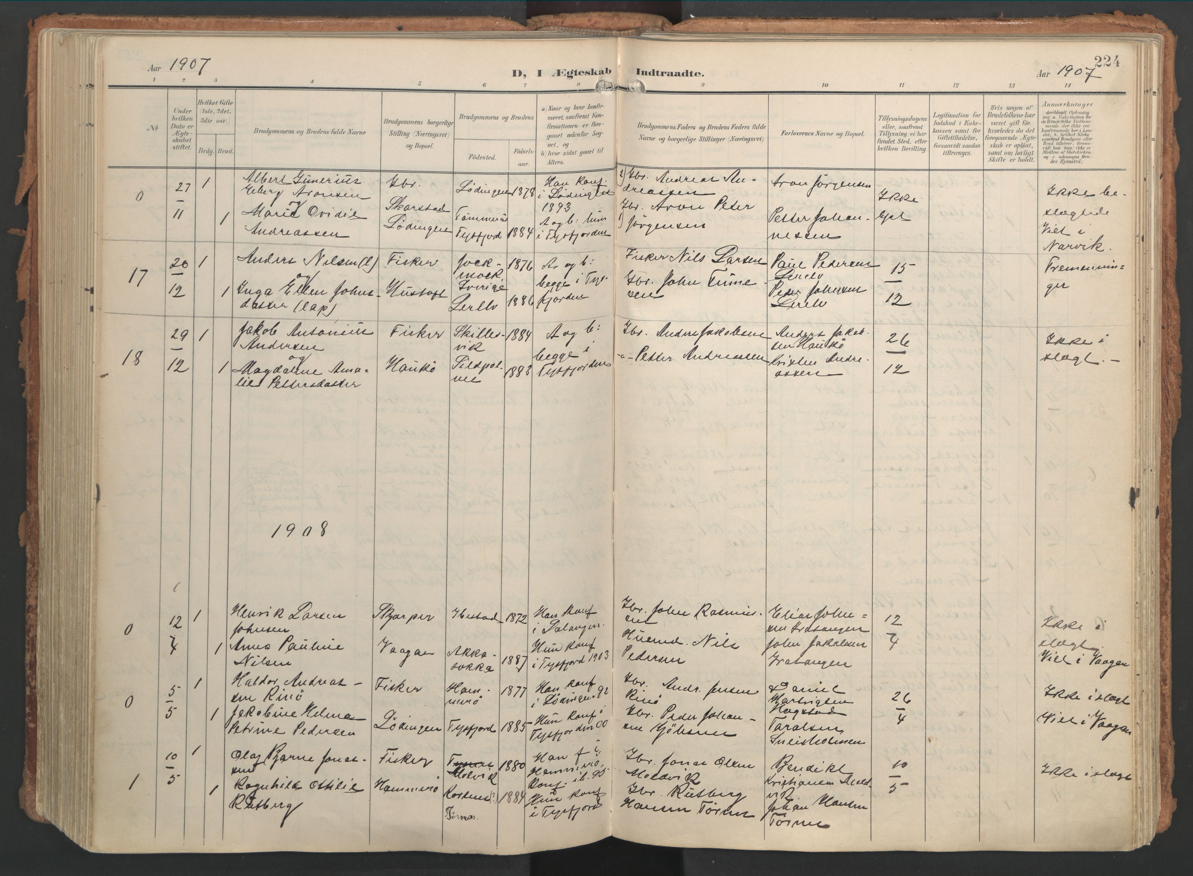 Ministerialprotokoller, klokkerbøker og fødselsregistre - Nordland, AV/SAT-A-1459/861/L0871: Parish register (official) no. 861A06, 1903-1916, p. 224