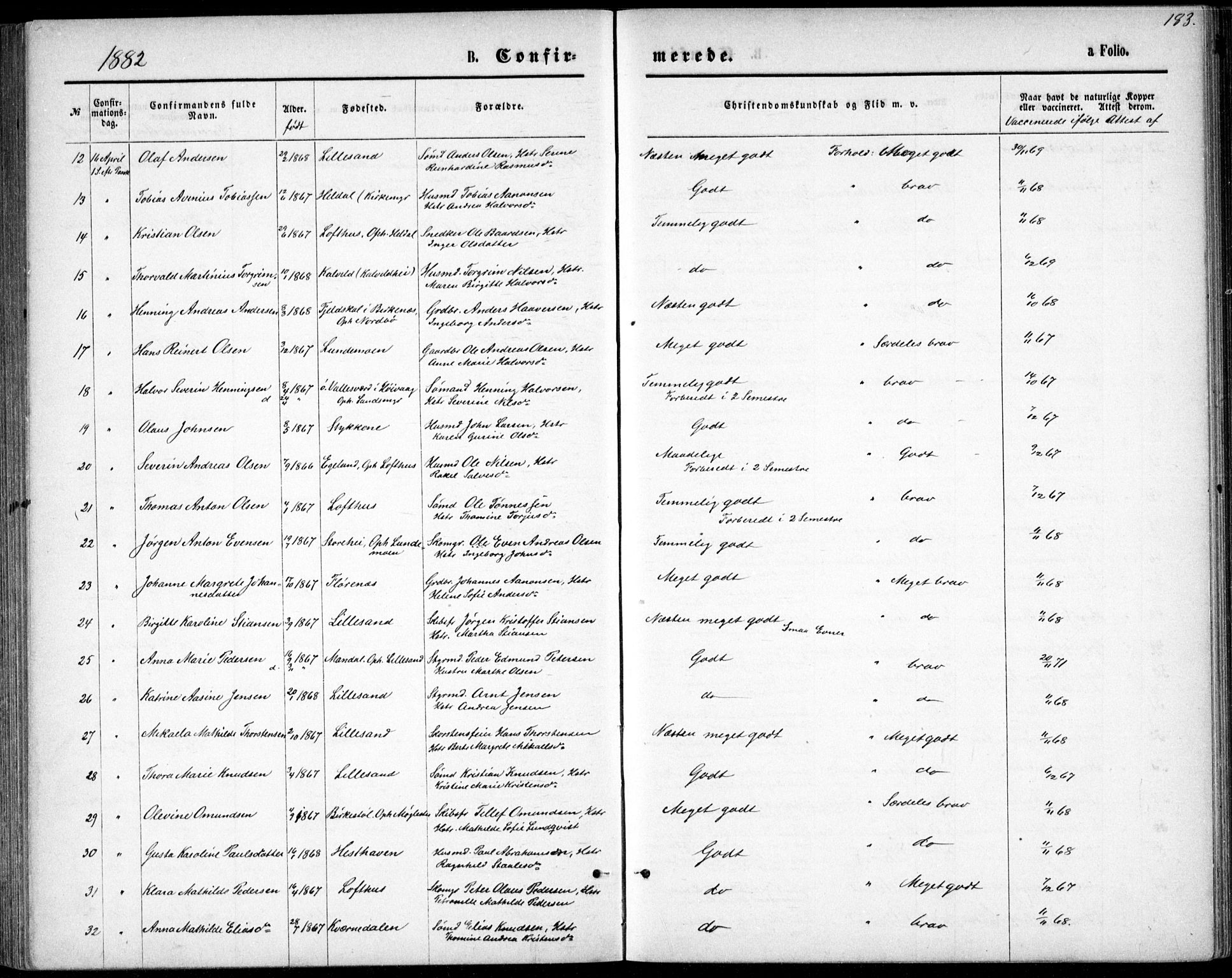 Vestre Moland sokneprestkontor, AV/SAK-1111-0046/F/Fb/Fbb/L0005: Parish register (copy) no. B 5, 1872-1883, p. 183