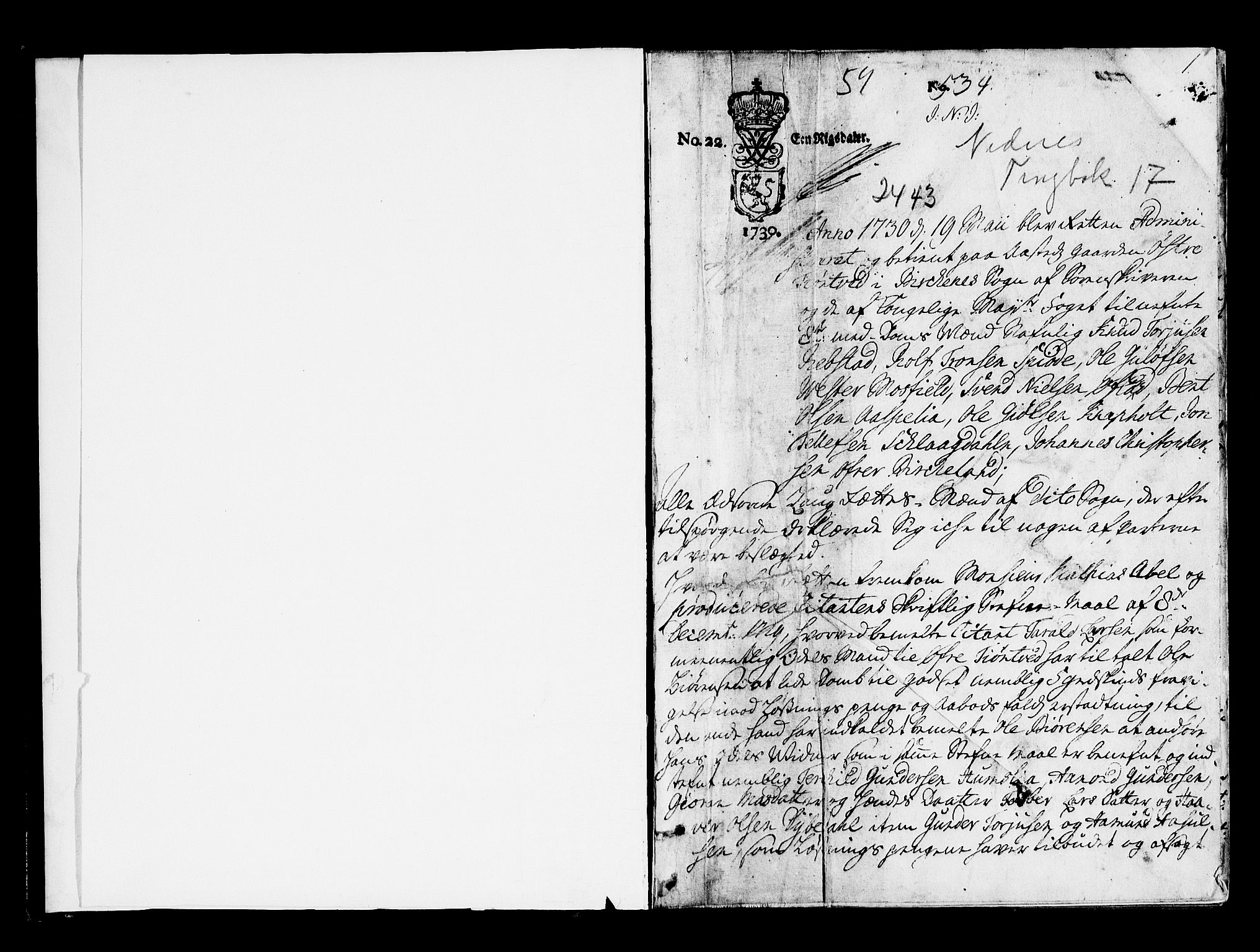 Nedenes sorenskriveri før 1824, AV/SAK-1221-0007/F/Fa/L0022: Tingbok med register nr 17, 1730-1732, p. 0b-1a