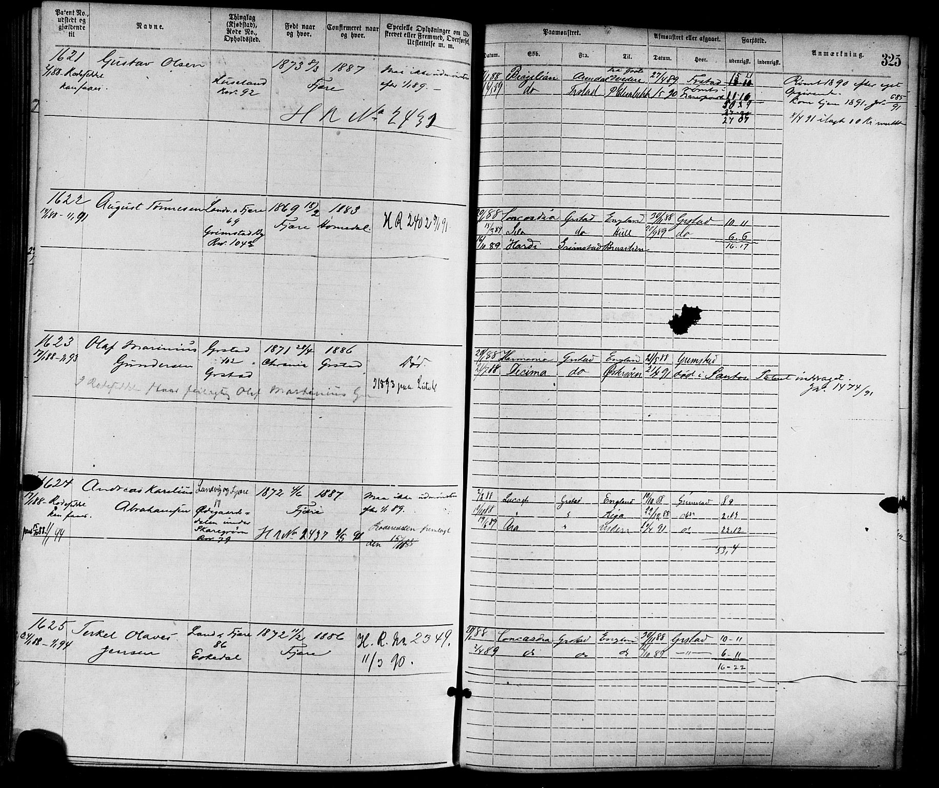 Grimstad mønstringskrets, SAK/2031-0013/F/Fa/L0001: Annotasjonsrulle nr 1-1920 med register, F-1, 1870-1892, p. 358