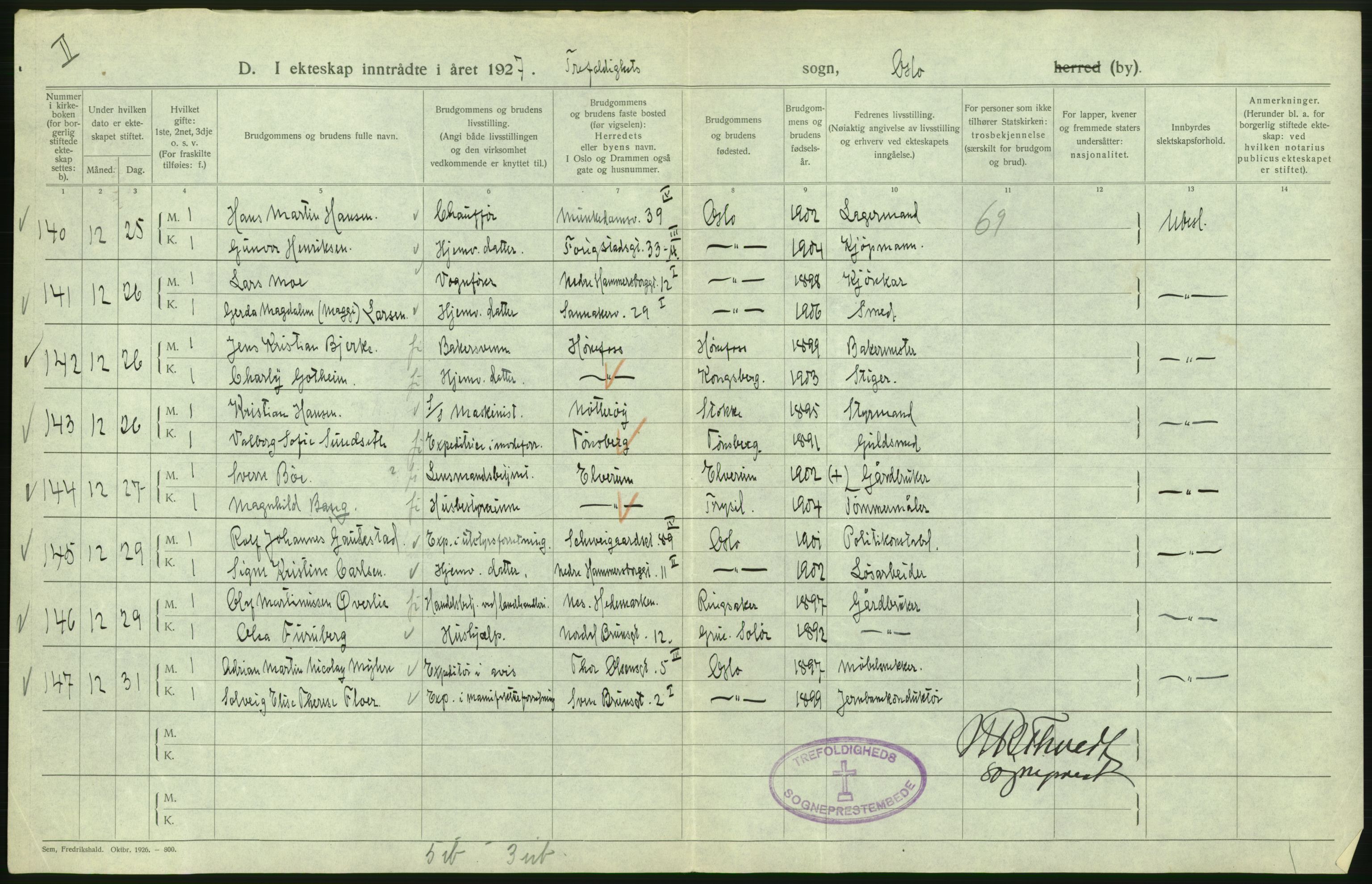 Statistisk sentralbyrå, Sosiodemografiske emner, Befolkning, AV/RA-S-2228/D/Df/Dfc/Dfcg/L0008: Oslo: Gifte, 1927, p. 130