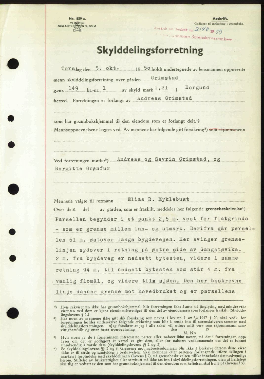 Nordre Sunnmøre sorenskriveri, SAT/A-0006/1/2/2C/2Ca: Mortgage book no. A35, 1950-1950, Diary no: : 2140/1950