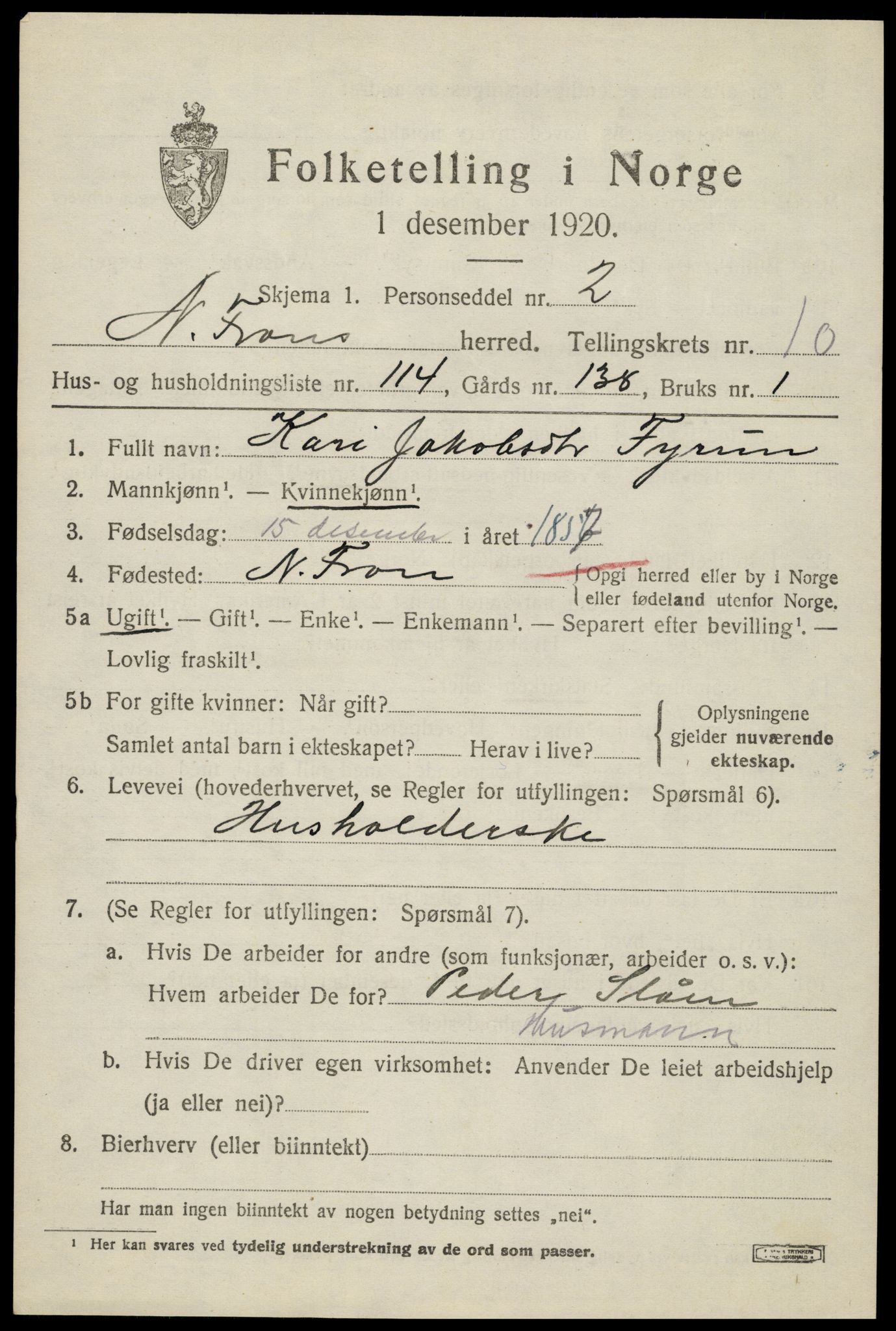 SAH, 1920 census for Nord-Fron, 1920, p. 9382