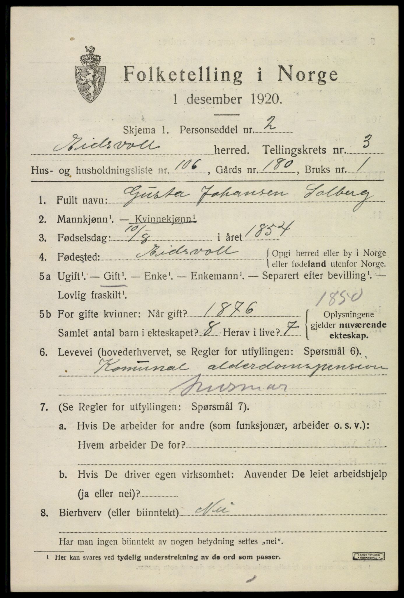 SAO, 1920 census for Eidsvoll, 1920, p. 8885