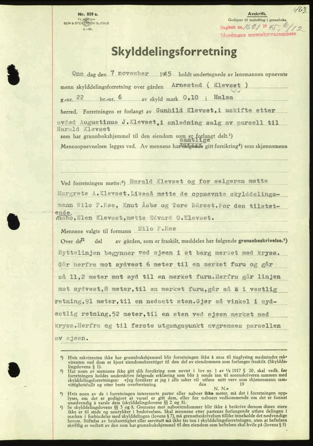 Nordmøre sorenskriveri, AV/SAT-A-4132/1/2/2Ca: Mortgage book no. A100a, 1945-1945, Diary no: : 1621/1945