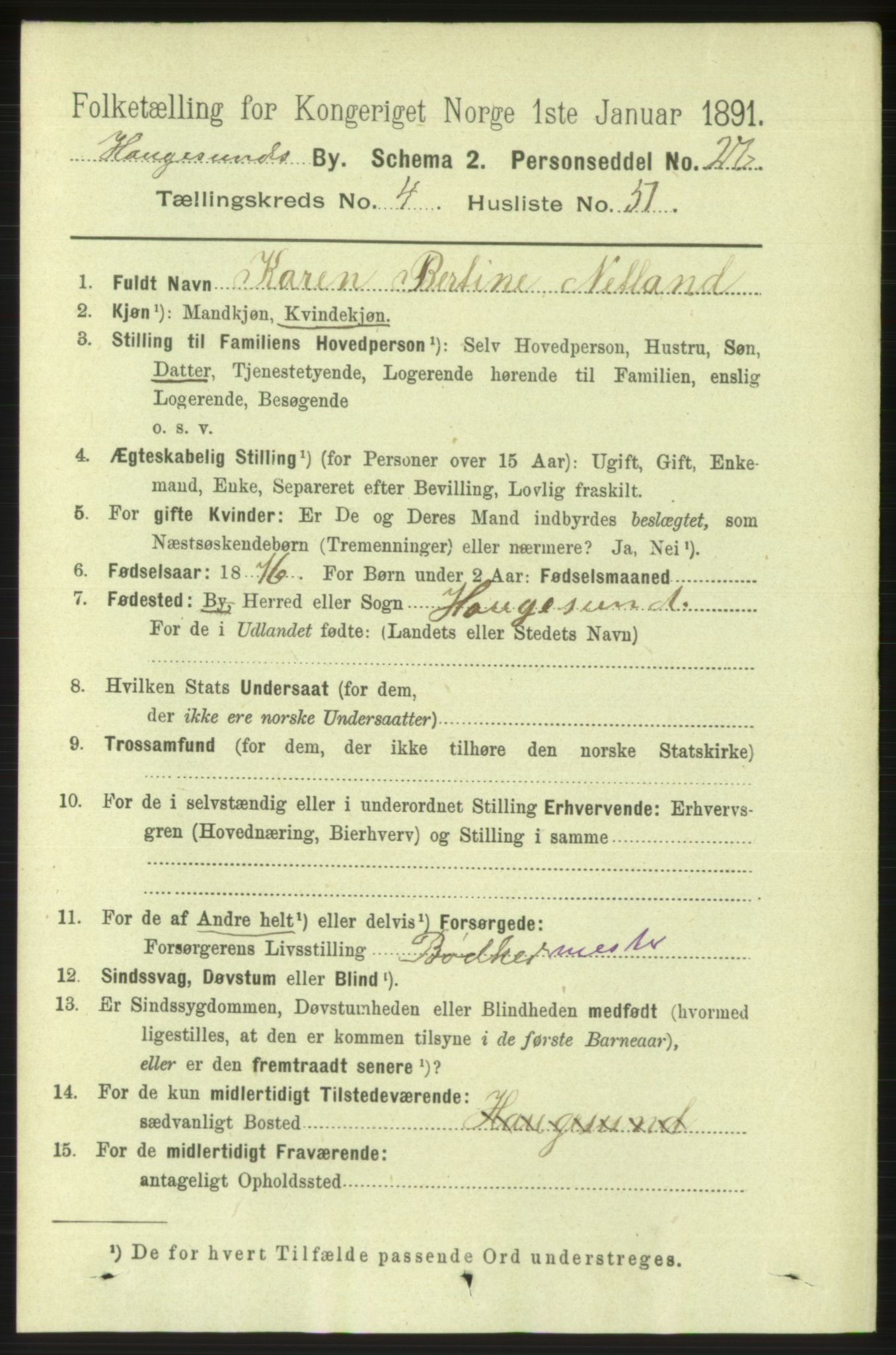 RA, 1891 census for 1106 Haugesund, 1891, p. 1925