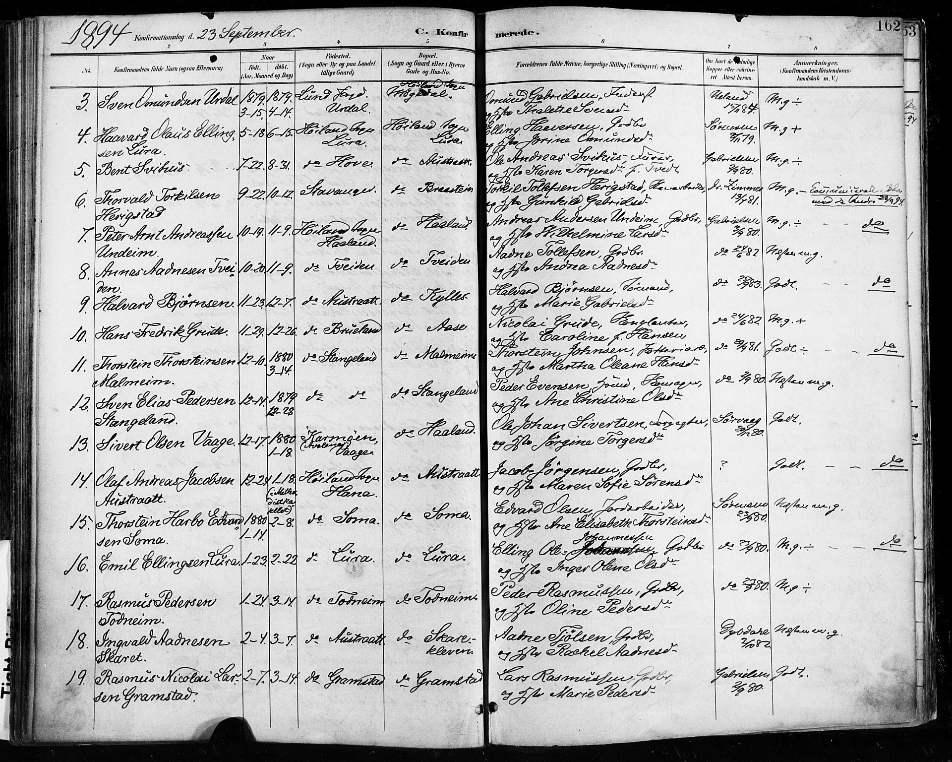 Høyland sokneprestkontor, SAST/A-101799/001/30BA/L0013: Parish register (official) no. A 13.1, 1889-1898, p. 162