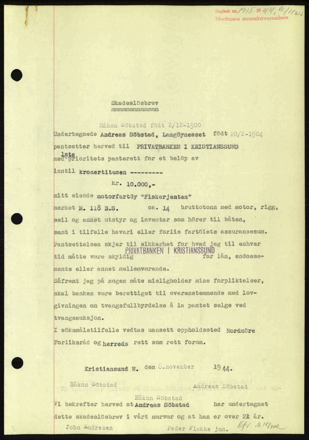 Nordmøre sorenskriveri, AV/SAT-A-4132/1/2/2Ca: Mortgage book no. B92, 1944-1945, Diary no: : 1905/1944