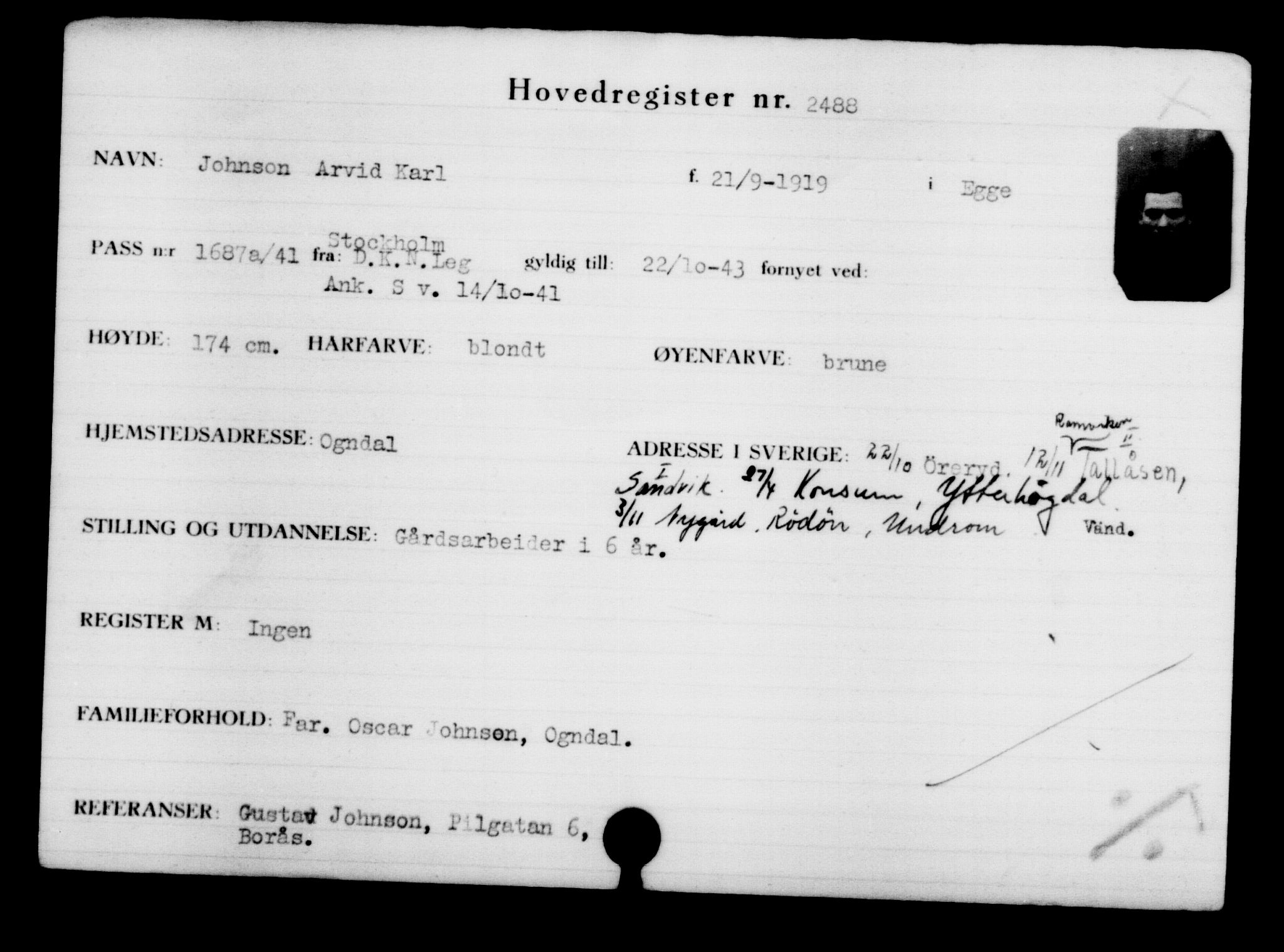 Utenriksstasjonene, Legasjonen i Stockholm, Flyktningkontoret, AV/RA-S-6753/V/Va/L0003: Kjesäterkartoteket, flyktninger med registreringsnr. 2001-3495, 1940-1945, p. 619