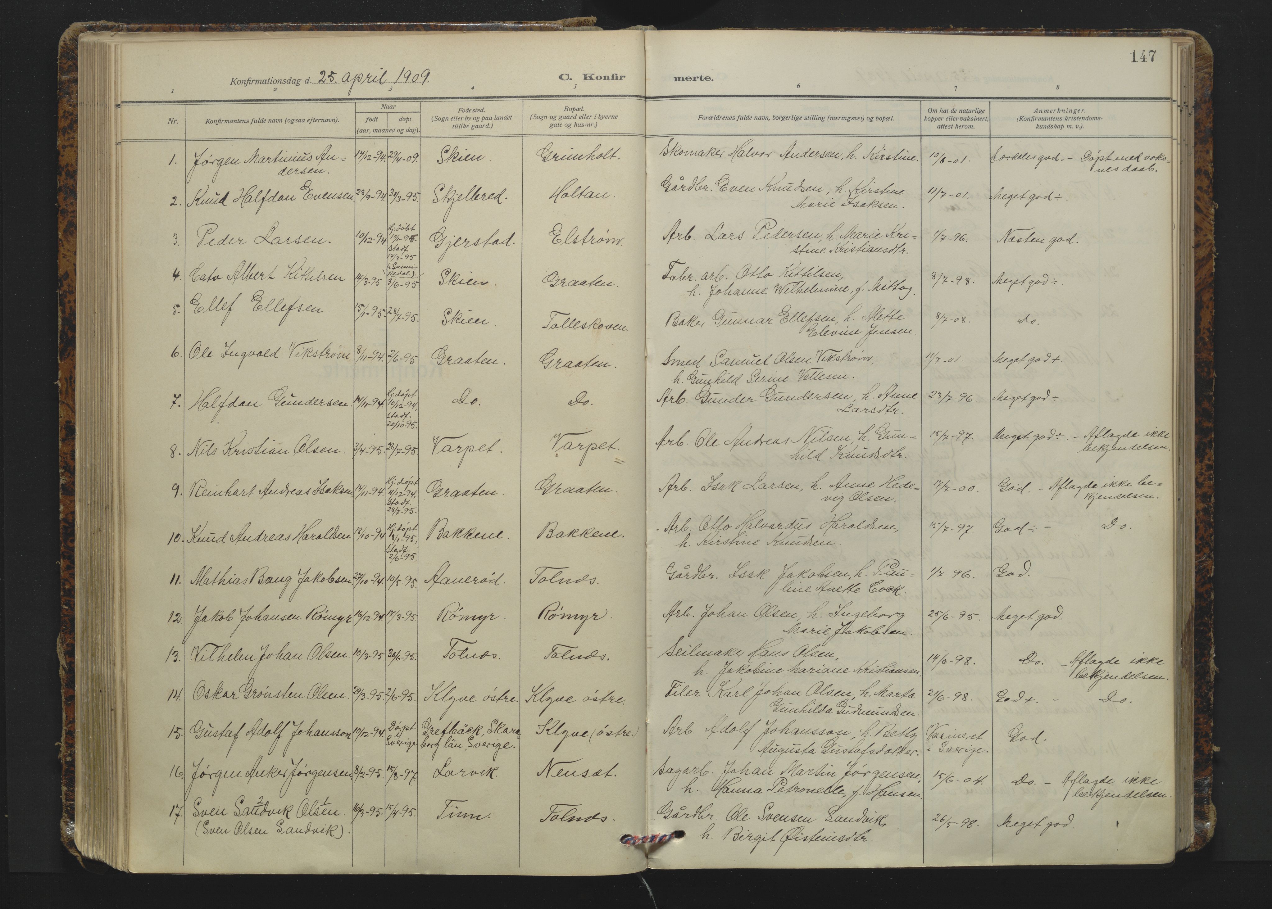 Solum kirkebøker, AV/SAKO-A-306/F/Fa/L0012: Parish register (official) no. I 12, 1909-1922, p. 147