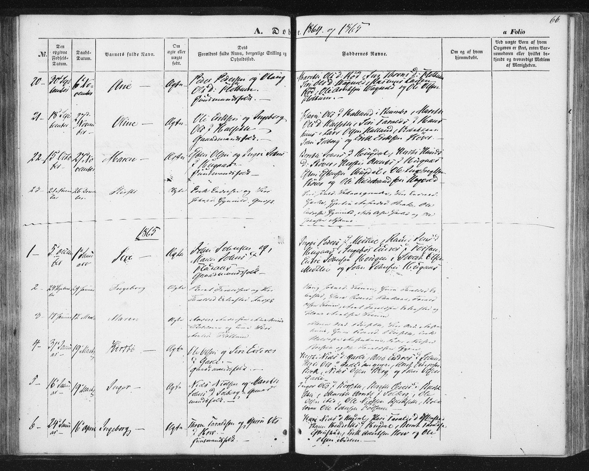 Ministerialprotokoller, klokkerbøker og fødselsregistre - Sør-Trøndelag, SAT/A-1456/689/L1038: Parish register (official) no. 689A03, 1848-1872, p. 66