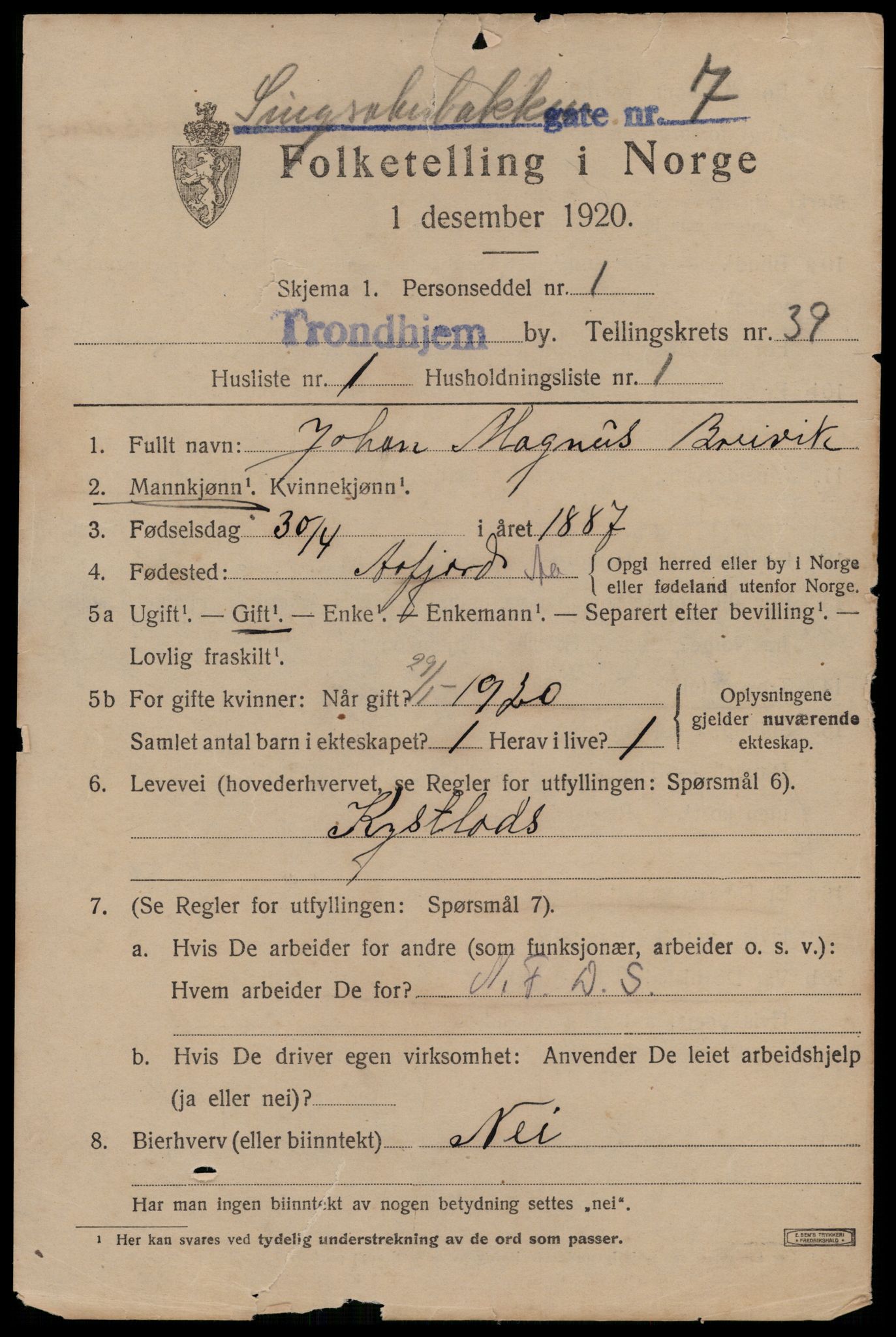 SAT, 1920 census for Trondheim, 1920, p. 87822