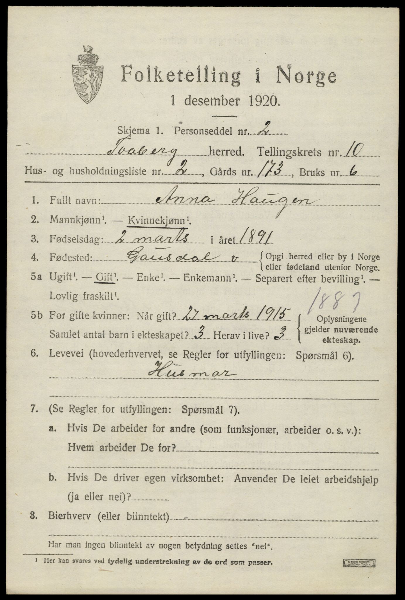 SAH, 1920 census for Fåberg, 1920, p. 11656