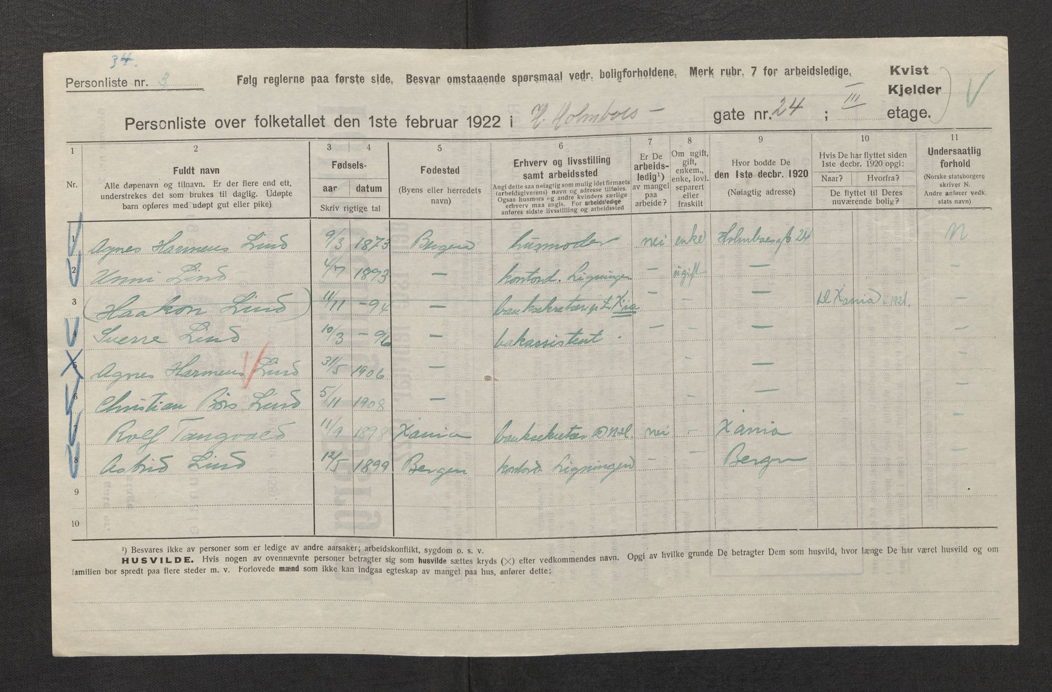 SAB, Municipal Census 1922 for Bergen, 1922, p. 12915